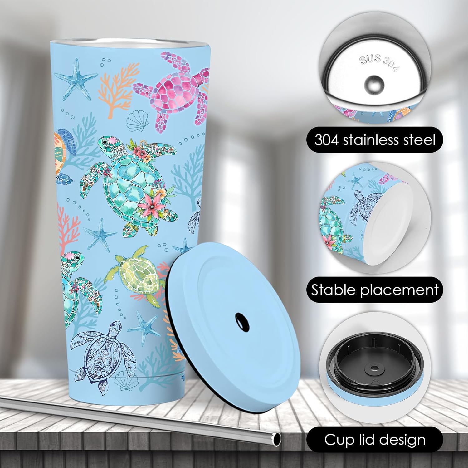 Turtle Tumbler 24oz, Classic Blue Sea Turtles Themed Gifts for Women Girls Turtles Lovers on Birthday Christmas Summer, Travel Stainless Steel Coffee Cup Double Wall Vacuum Insulated Mug - Image 7