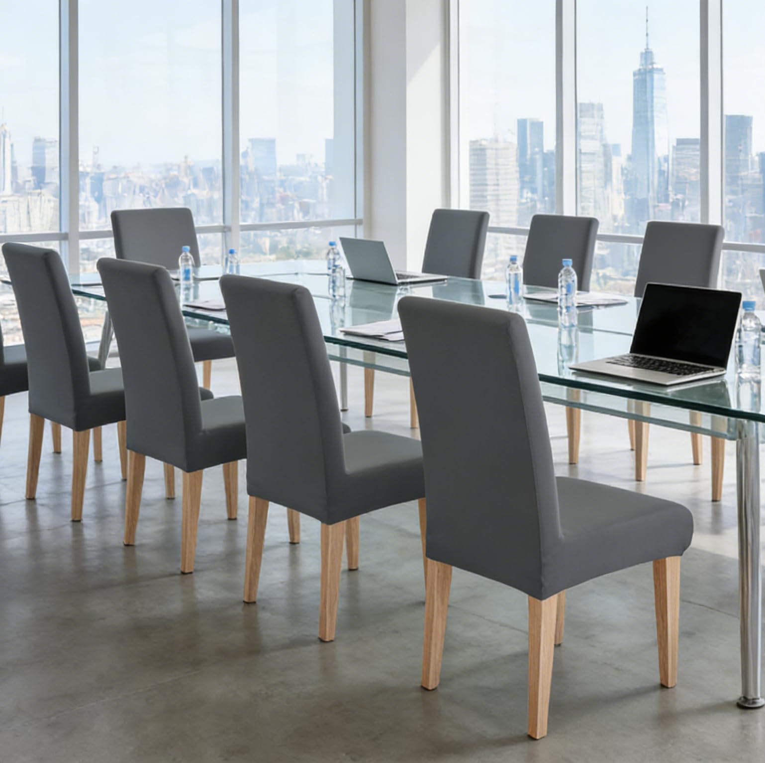 Housse de Chaise Extensible 4 Pièces Amovible Lavable Gris pour Salle à Manger Hôtel