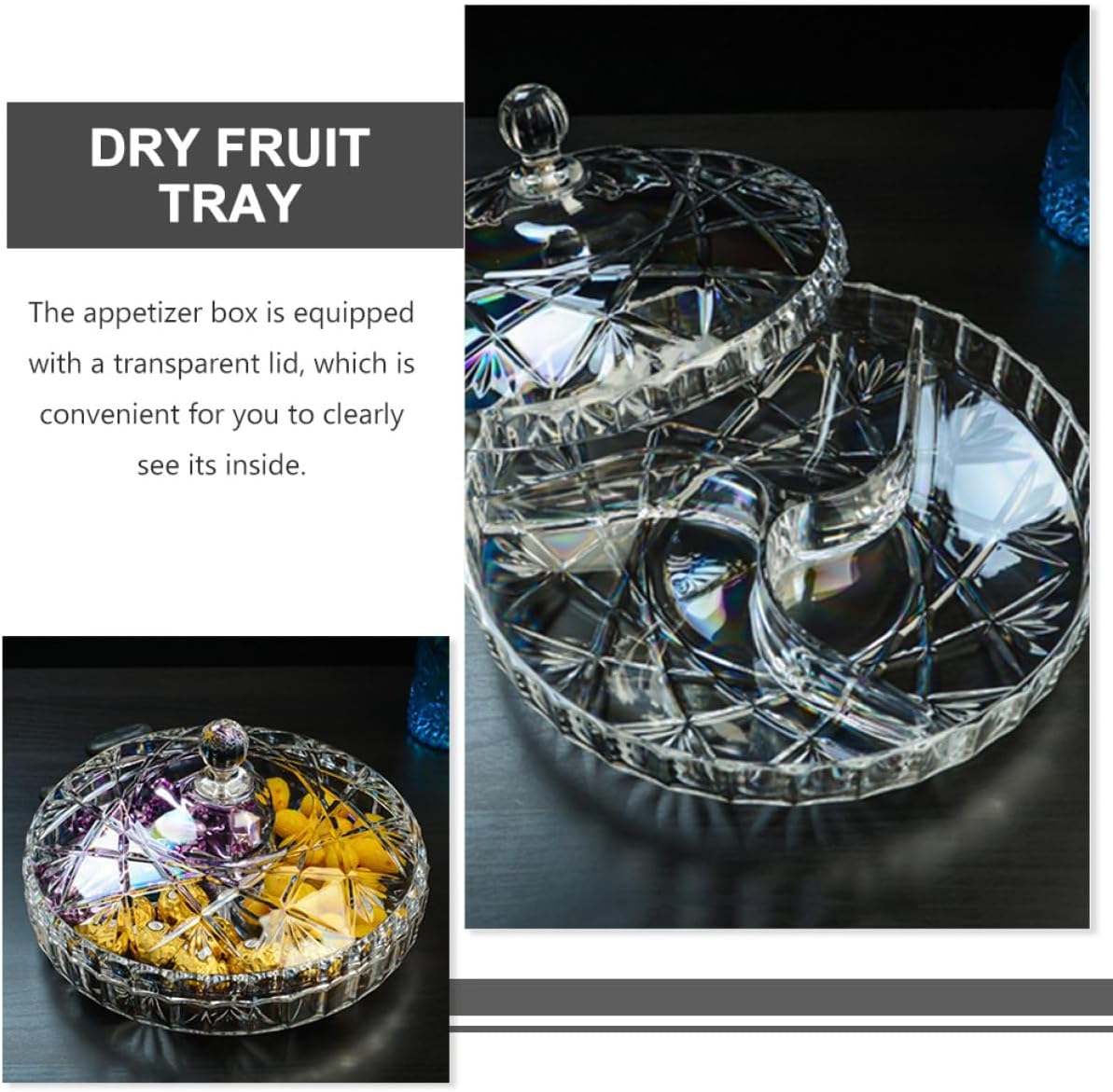 Acrylic Snack Box with Lid, 3-compartment Candy Case, Small 25cm Plastic Food Storage Container for Home Kitchen and Party Fruit Tray