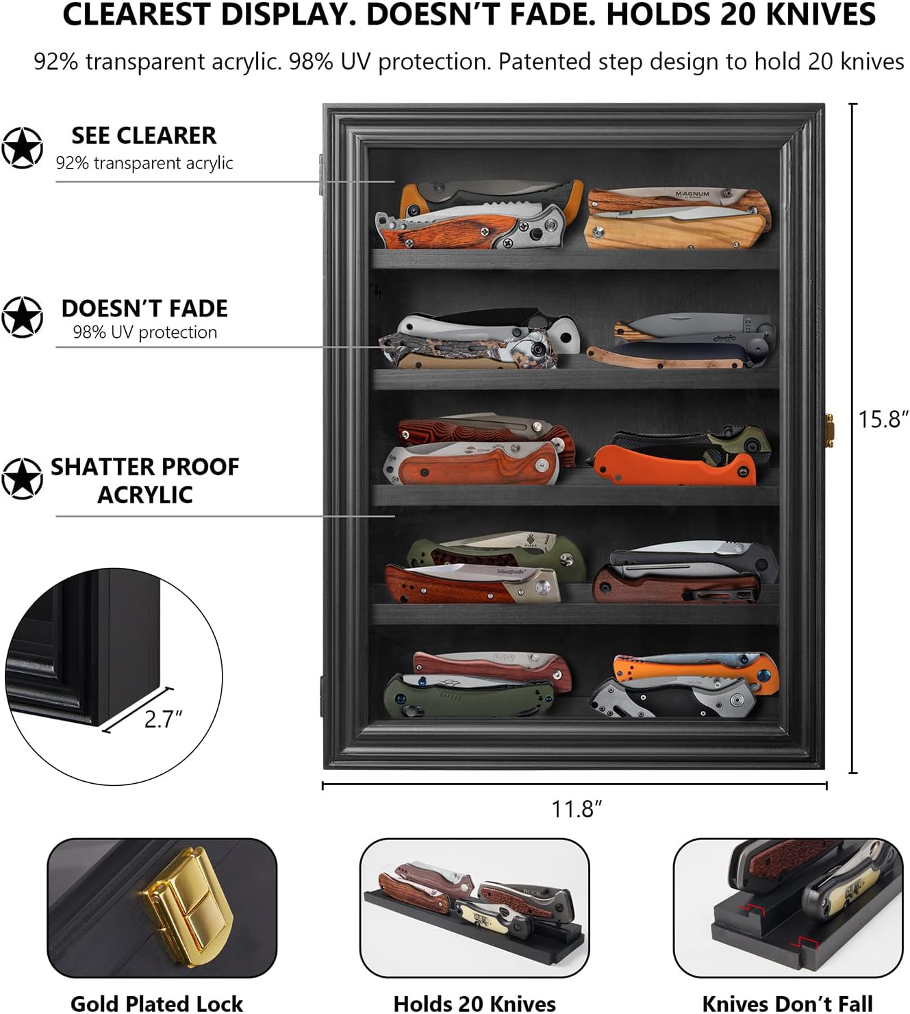 ZAYALI Pocket Knife Display Case for Wall, Pocket Knife Stand for Collections with Uv Protection Acrylic Lockable, 5 Rows Military Folding Knife Stand with Removable 2 Grooves Shelves Black