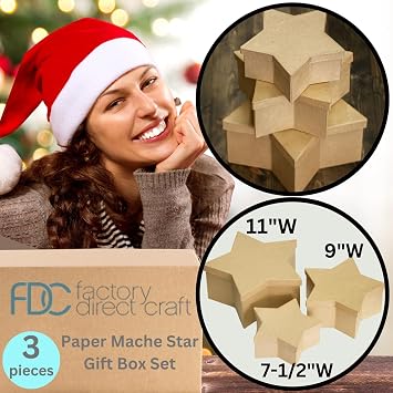 Set of 3 Premade Paper Mache Star Shaped Boxes by Factory Direct Craft - Nested Star Cardboard Papier Mache Boxes Ready to Paint and Decorate (Sizes: 7-1/2, 9 & 11)