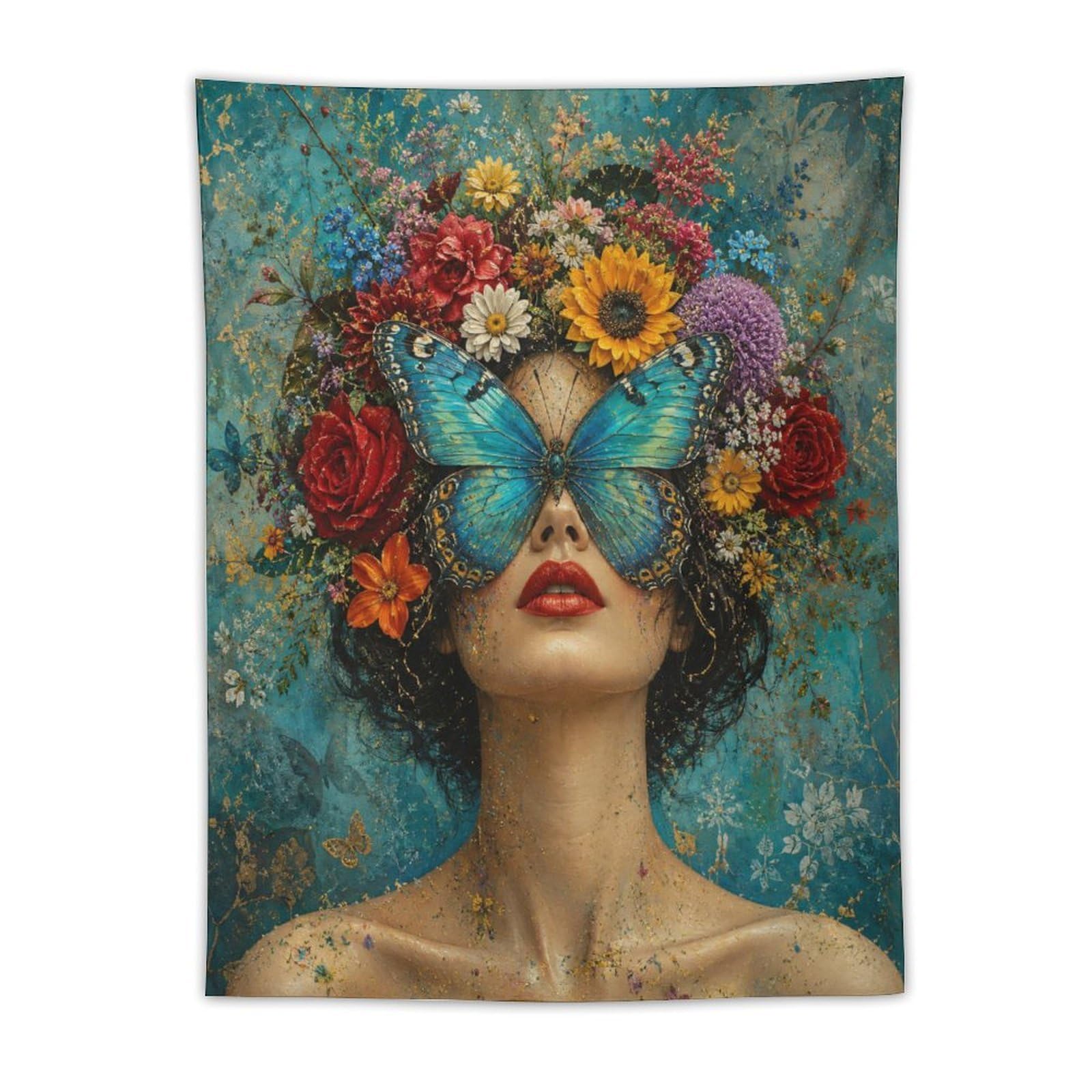 H3B8U2Y5 Butterfly Woman Teal Floral Wall Tapestry, Botanical Surrealism
