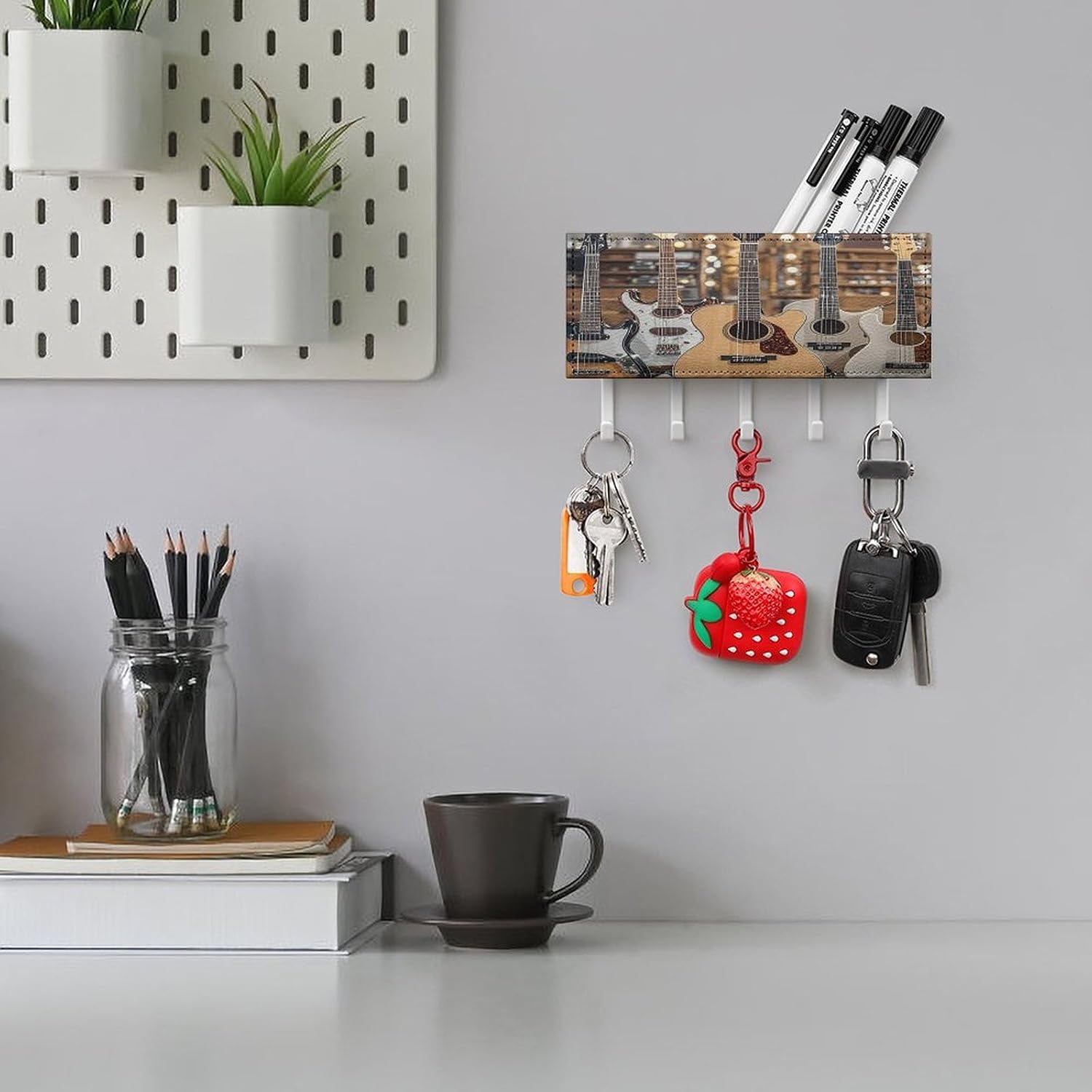 Key Holder Wall Mount Key Hanger with 5 Hooks, Decorative Key Rack | Guitar Bass Music Musical Instruments Hanging Key Hooks with Mail Organizer for Wall Living Room Kitchen Bathroom Hallway