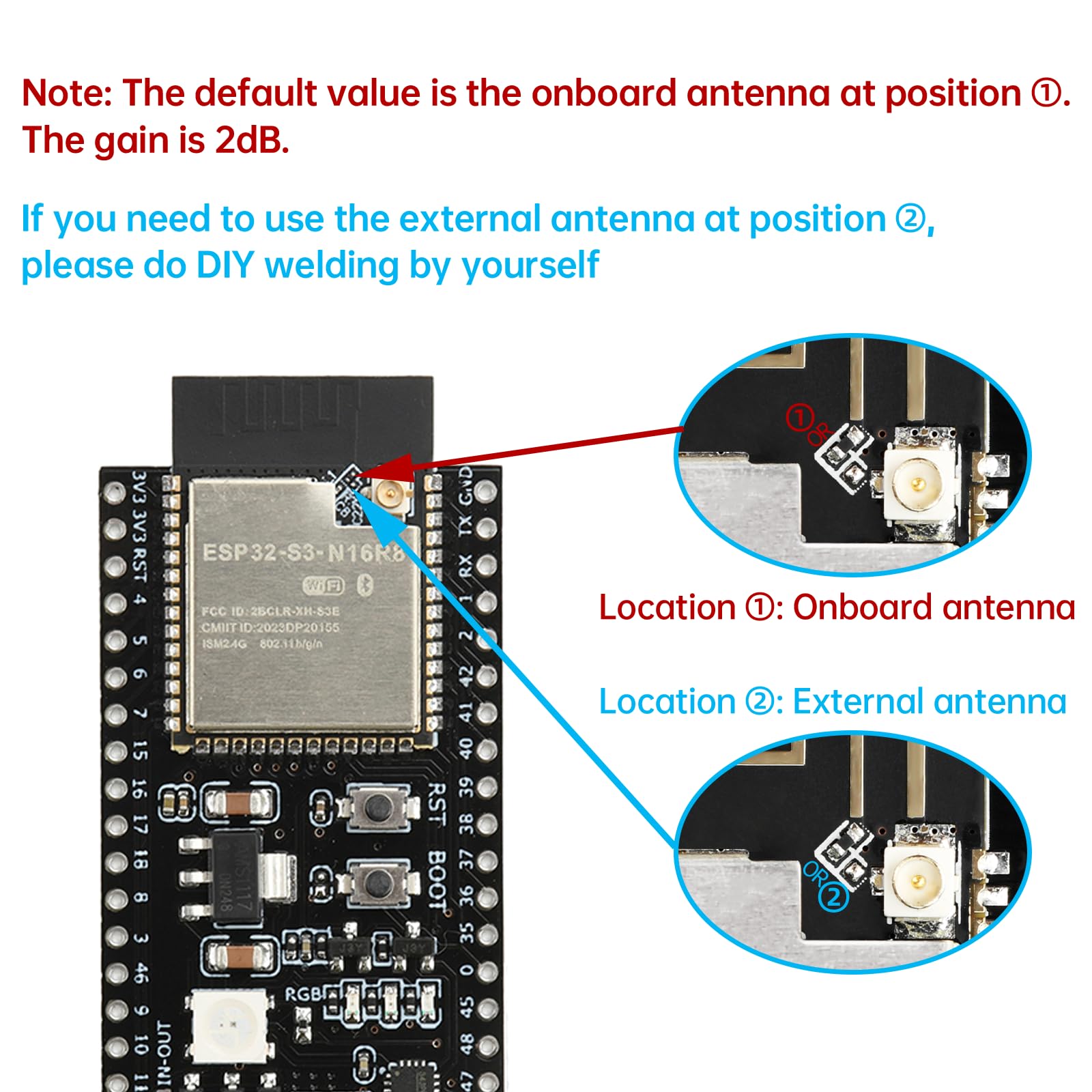 diymore 2 Unidades para módulo ESP32-S3 DevKitC-1 N16R8, Autoridad de expansión para agencias de Desarrollo, para Placa de Desarrollo ESP32 S3 1-N16R8 con WiFi, Bluetooth 5.0, Antena conectable USB C