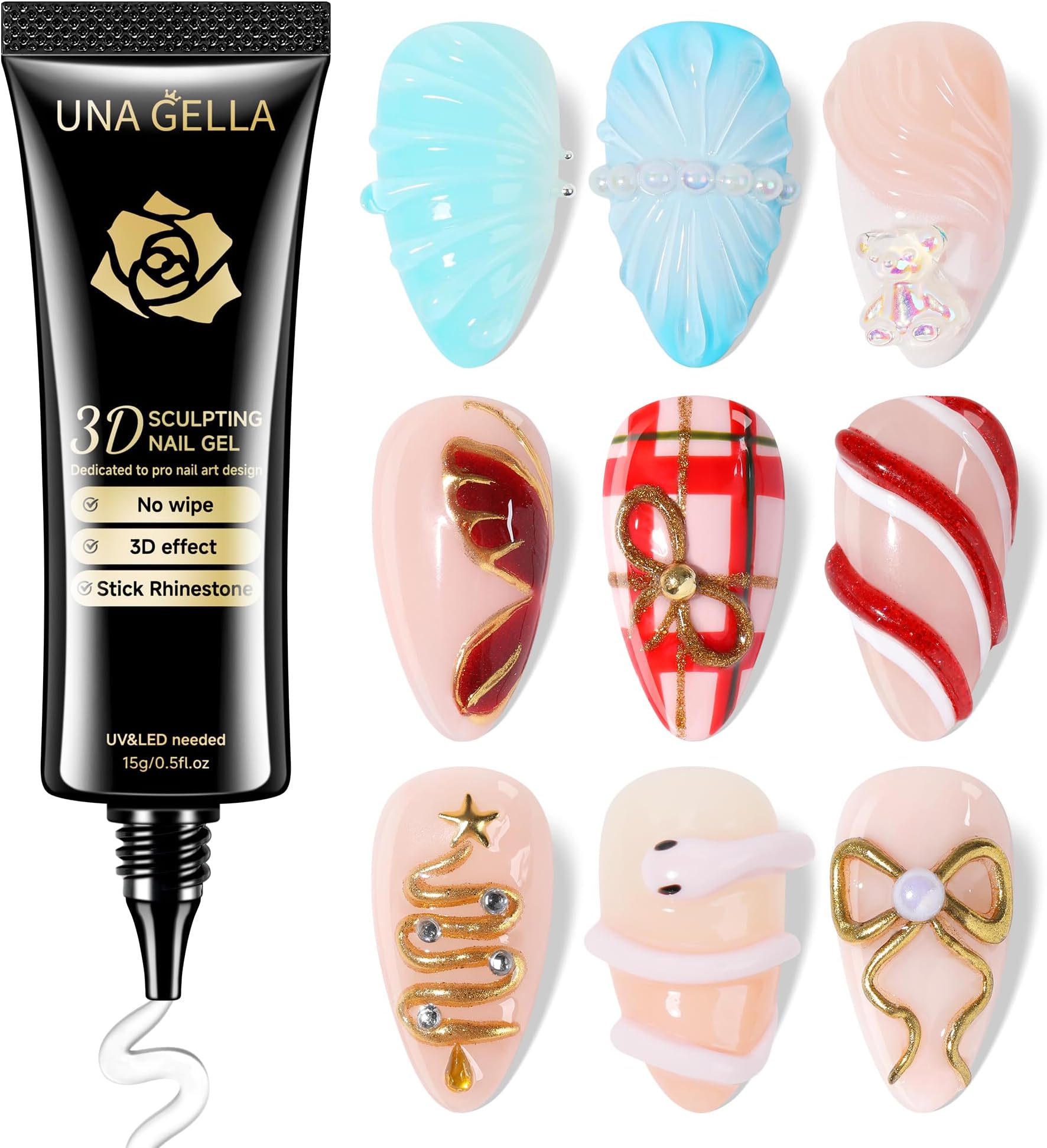 3D Gel Nail Art, 3D Nail Gel Sculpting G el Glue 15g 4 in 1 No Wipe Clear Nail Polish for Nails Tips, Chrome Powder, Nail Charms Gems, Drawing and DIY Nail Art Lamp Curing Needed