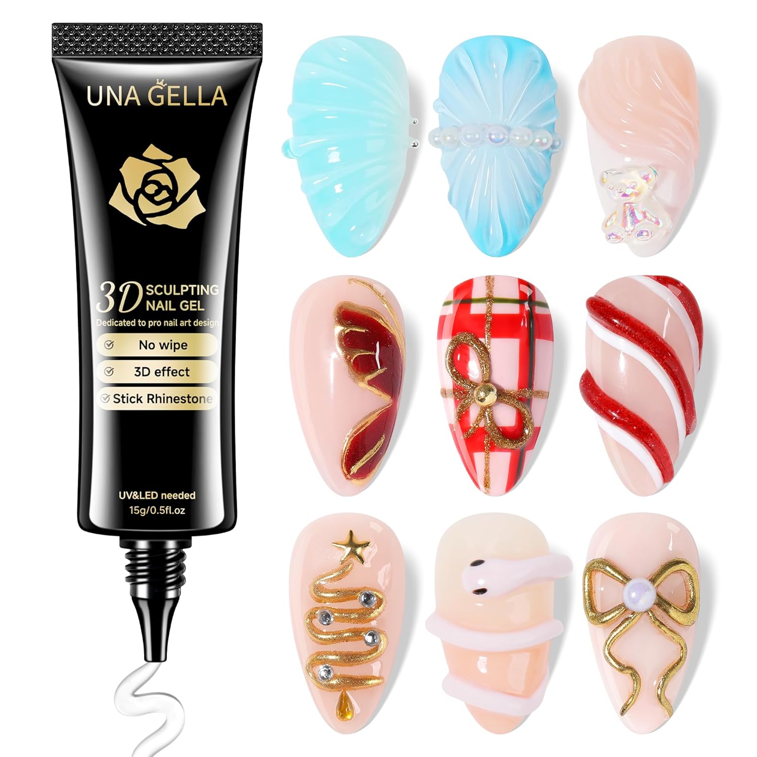 UNA GELLA Arte de uñas en gel 3D, pegamento para esculpir gel 3D, 0.51 onzas, 4 en 1, no se limpia y transparente para puntas de uñas, polvo