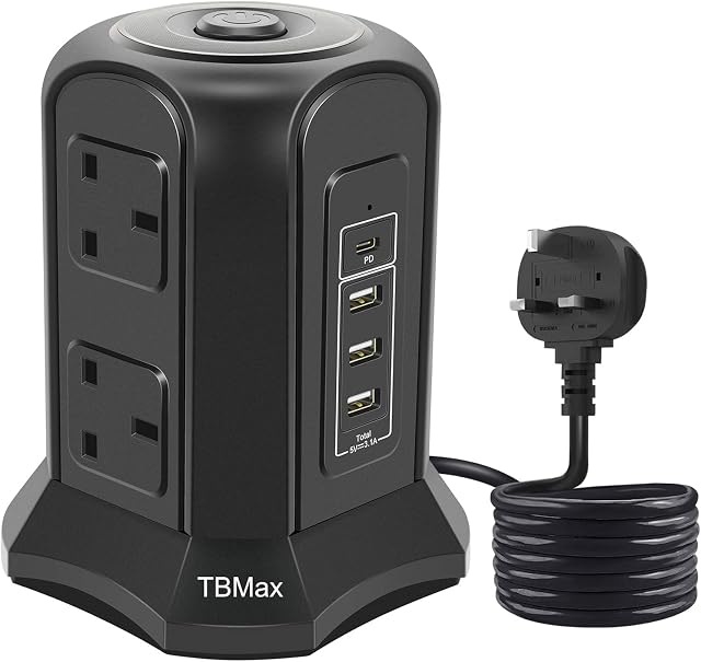 Tower Extension Lead with USB Slots, TBMax 6 Sockets Surge Protector Vertical Tower Power Strip with 3 USB-A Charging Slots and (PD18W )Type-C Port, 2M Extension Cord Charging Station for Home, Office