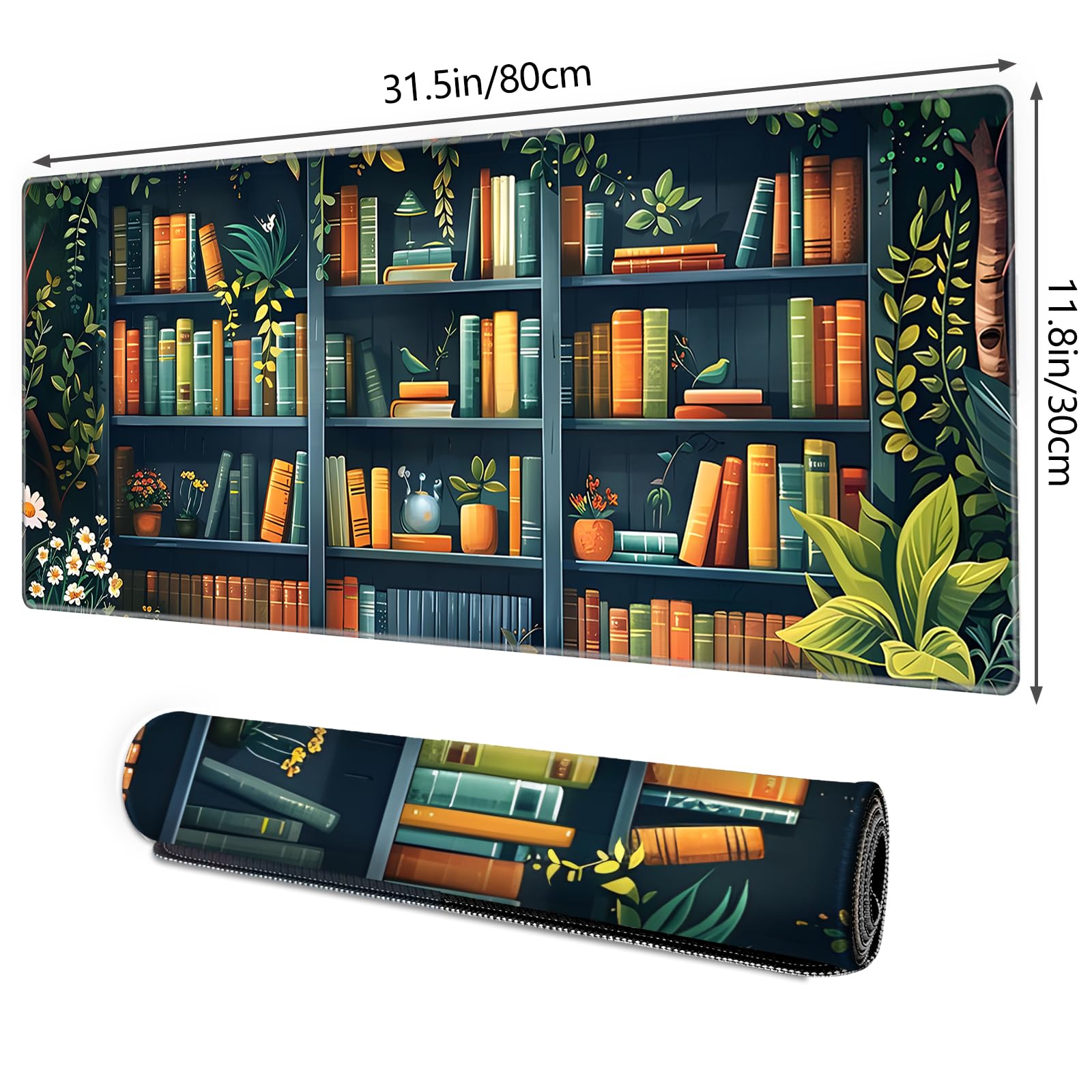 Galdas, Gaming-Mauspad XXL, extra groß und lang, rutschfestes Gummipad mit genähten Kanten für Laptop, Heim, Büro (80 × 30 × 0,2 cm) – Bücher-Motiv