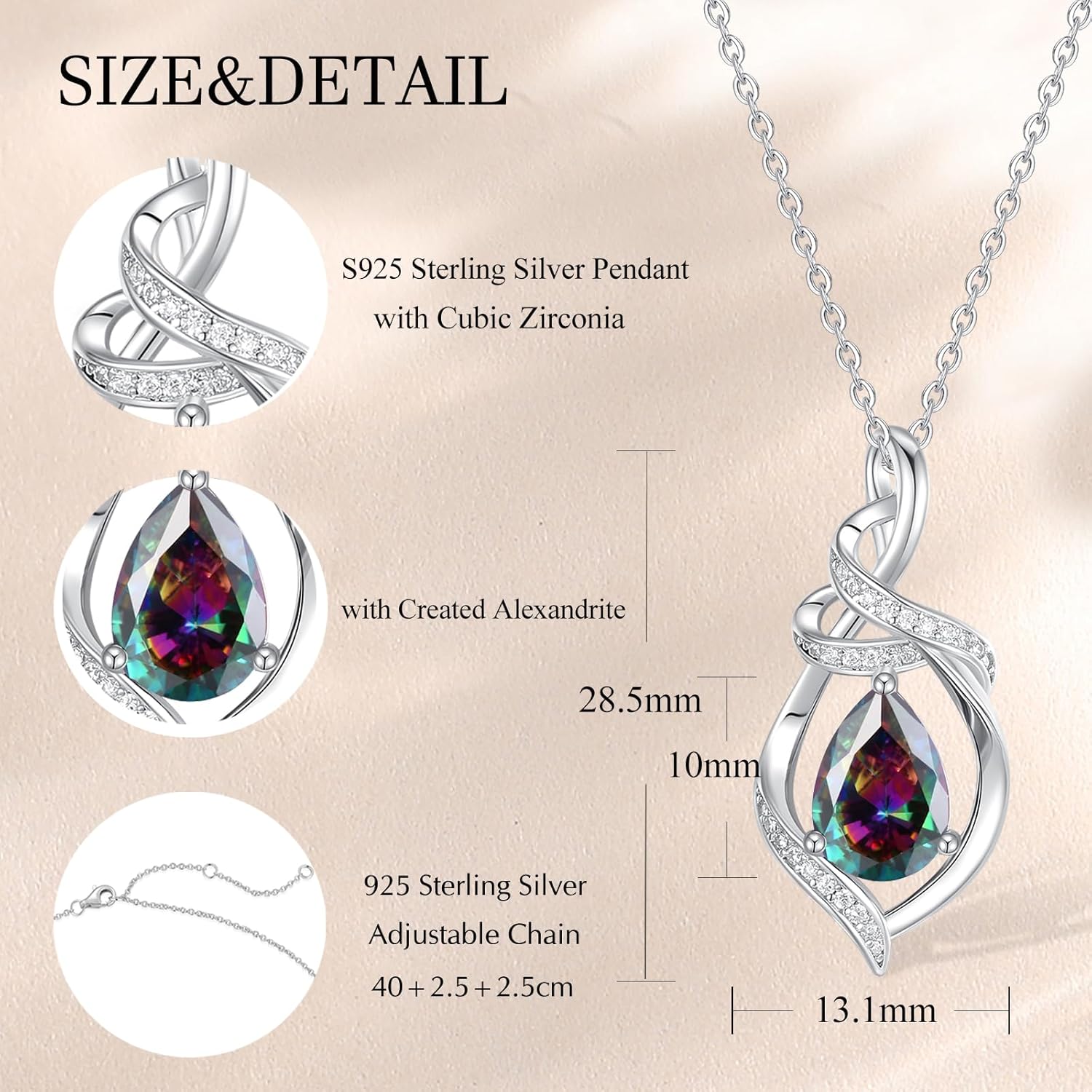 FANCIME Teardrop Gemstone Necklace for Women S925 Sterling Silver Elegant Ribbon Pendent Birthday Gifts for Her, 16"+2" Inches - Image 2