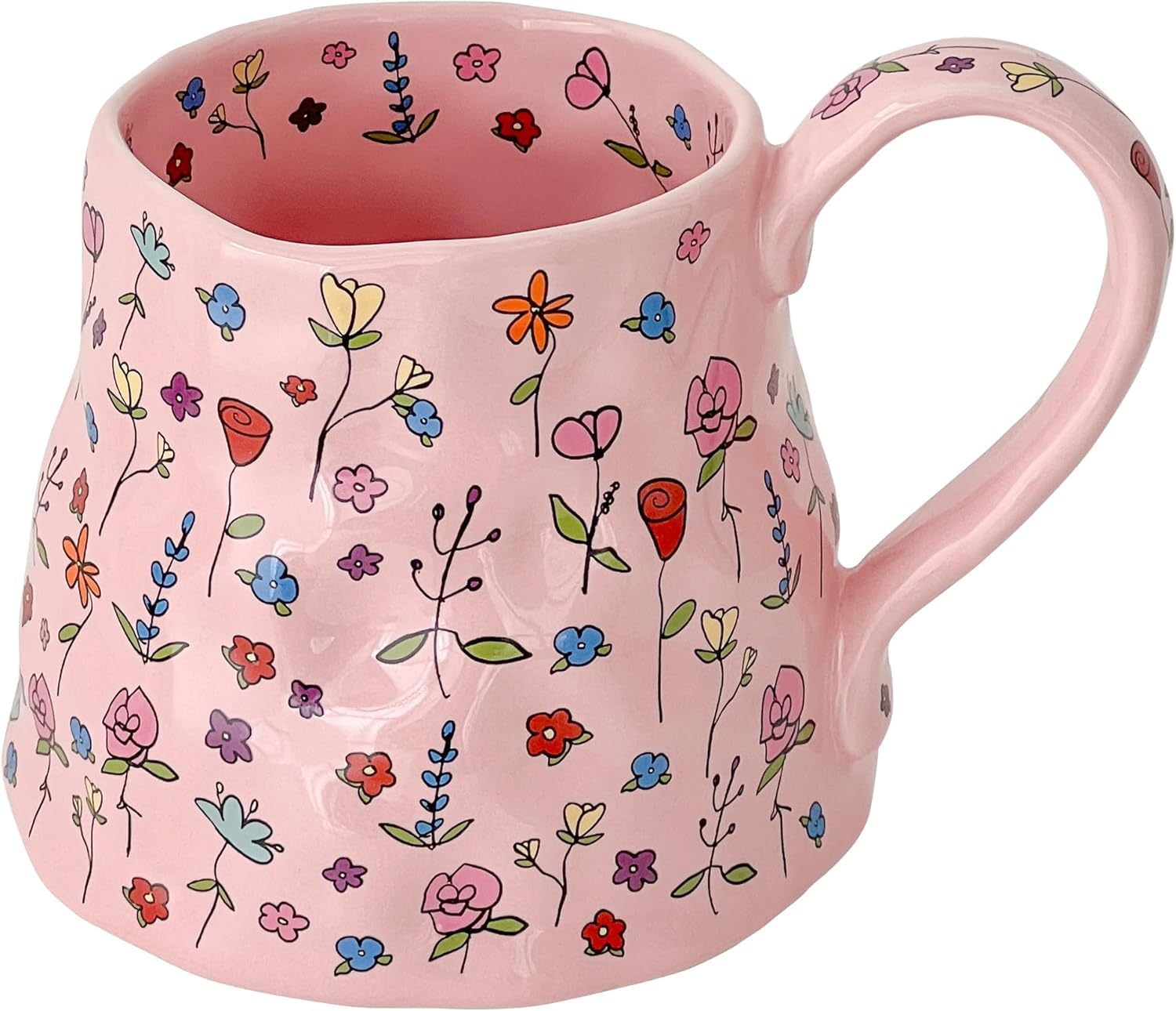 Tazweeq Ceramic Coffee Mug, Cute Flower with Handmade Big Handle, Girly Floral Tea Cup for Mothers Day Gifts, Novelty Irregular Mugs (500ML, Pink)