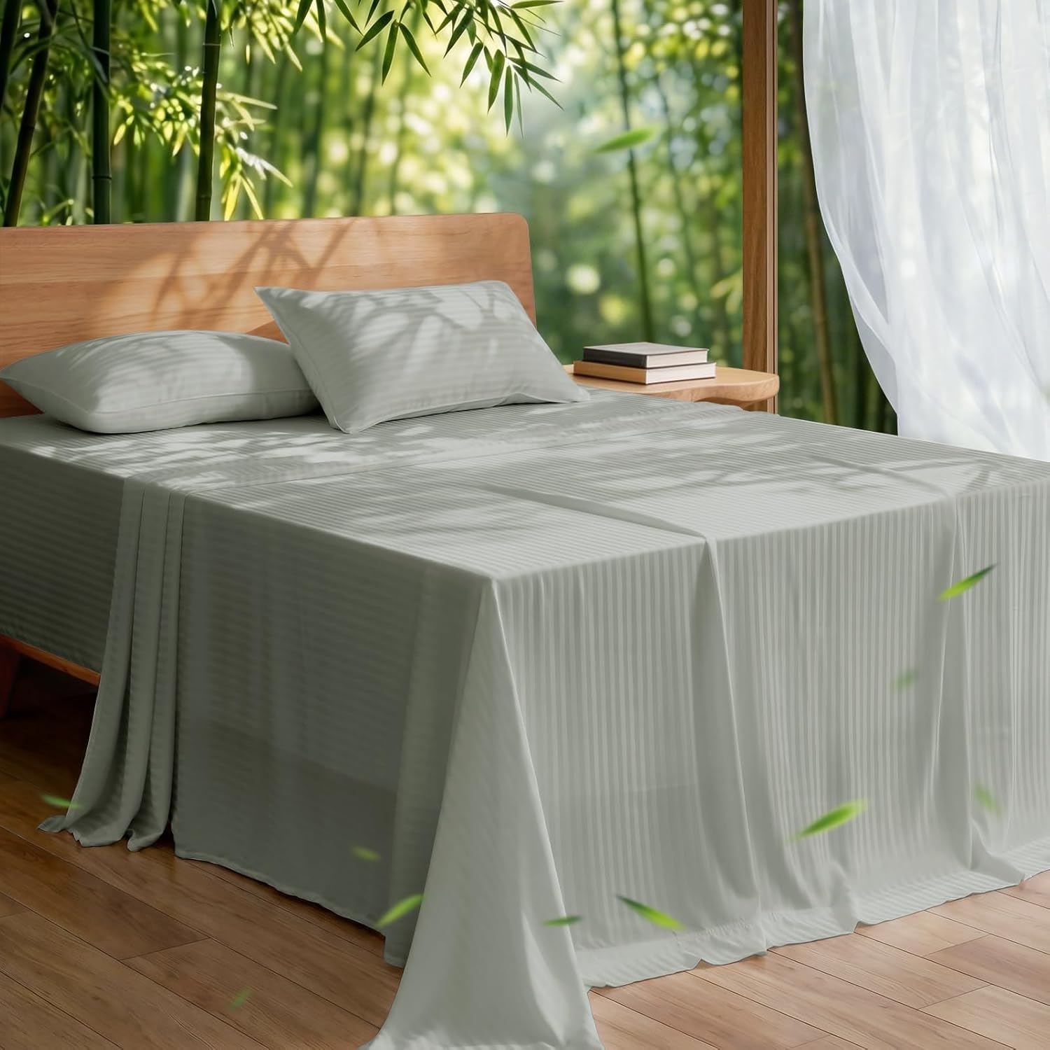 Queen Size Cooling Sheets Set, 4PC, 100% Viscose Derived from Bamboo, Ultra-Soft, Silky Cooling Sheets for Hot Sleepers, Deep Pockets, Double Stitching (Queen, Jacquard Navy)