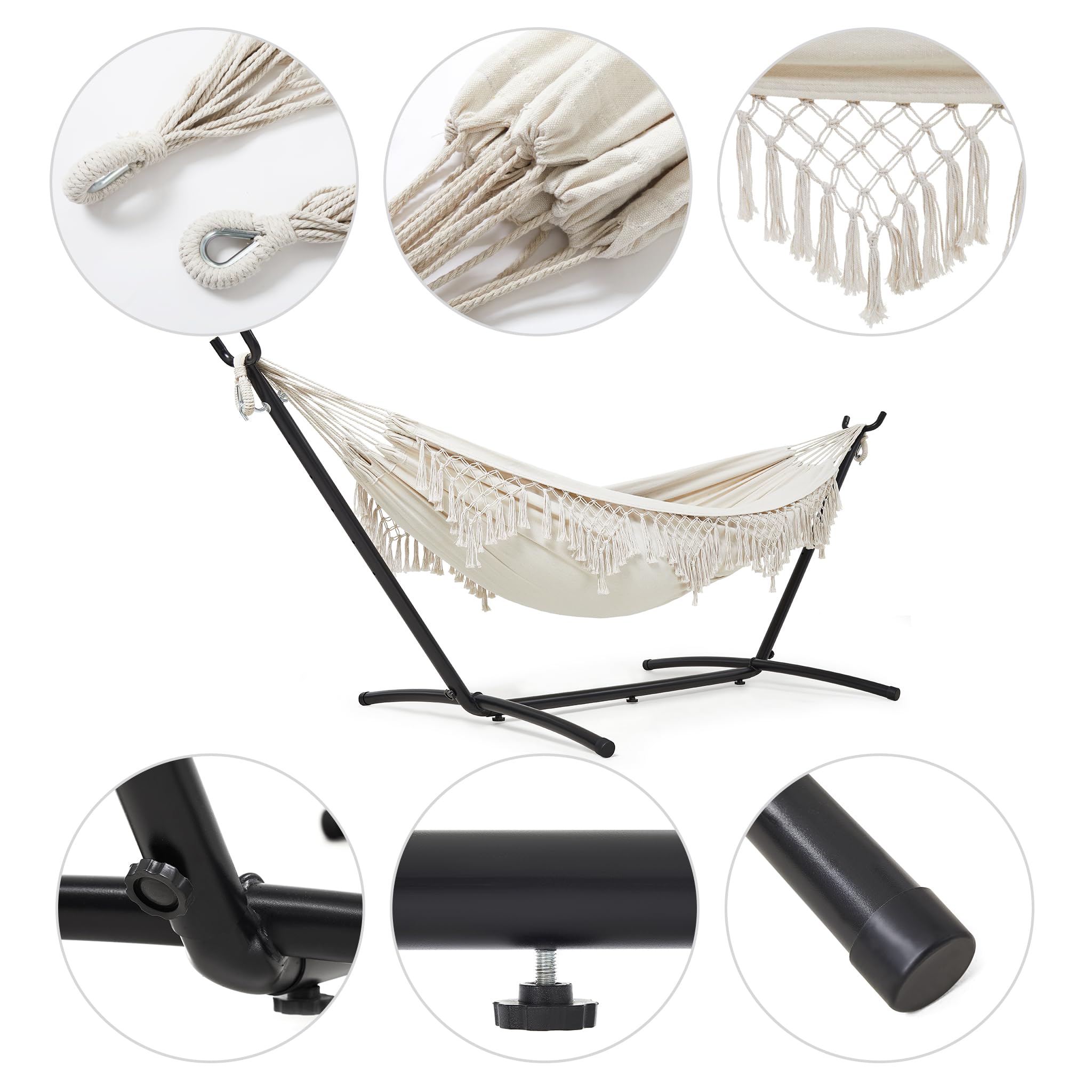 Mondeer Amaca per 2 Persone con Telaio, Amaca da Giardino Portatile con Telaio Separato, Amaca Doppia in Stile Bohémien con Telaio in Ferro Regolabile e Resistente per Terrazze, Patii e Giardini