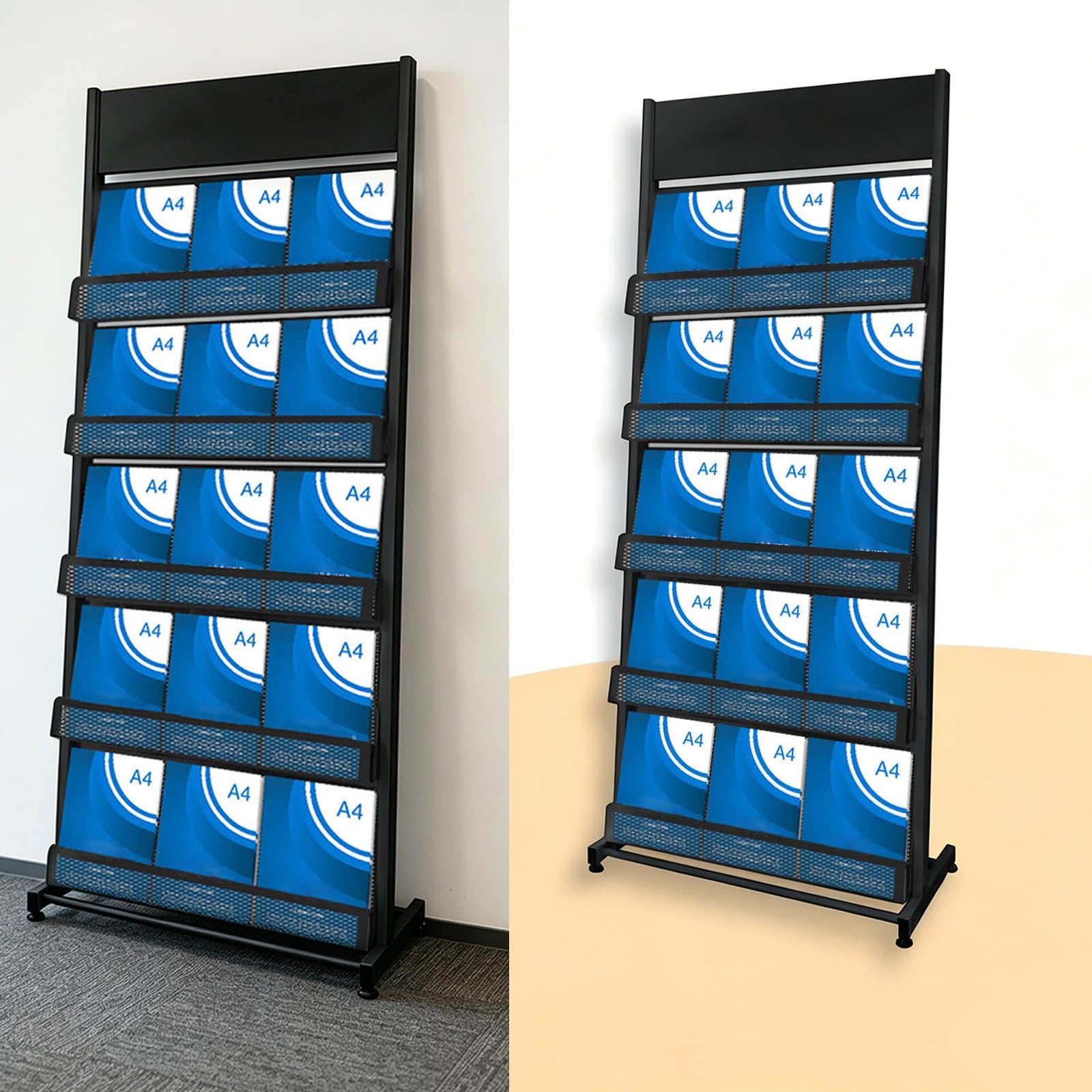 Cjwkxqol Black Floor Standing Magazine Display Rack, Metal Mesh Brochure Holder With Top Billboard For Office Lobby Exhibition Hospital(179*70Cm/70.5*27.5In)