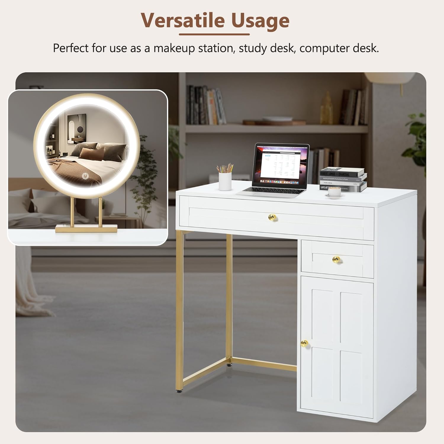 31.5'' Modern Vanity Desk with LED Lighted Mirror, 2 Drawers & Adjustable Cabinet, 3 Lighting Modes, Gold Iron Legs, White-Gold Dressing Table for Bedroom/Office