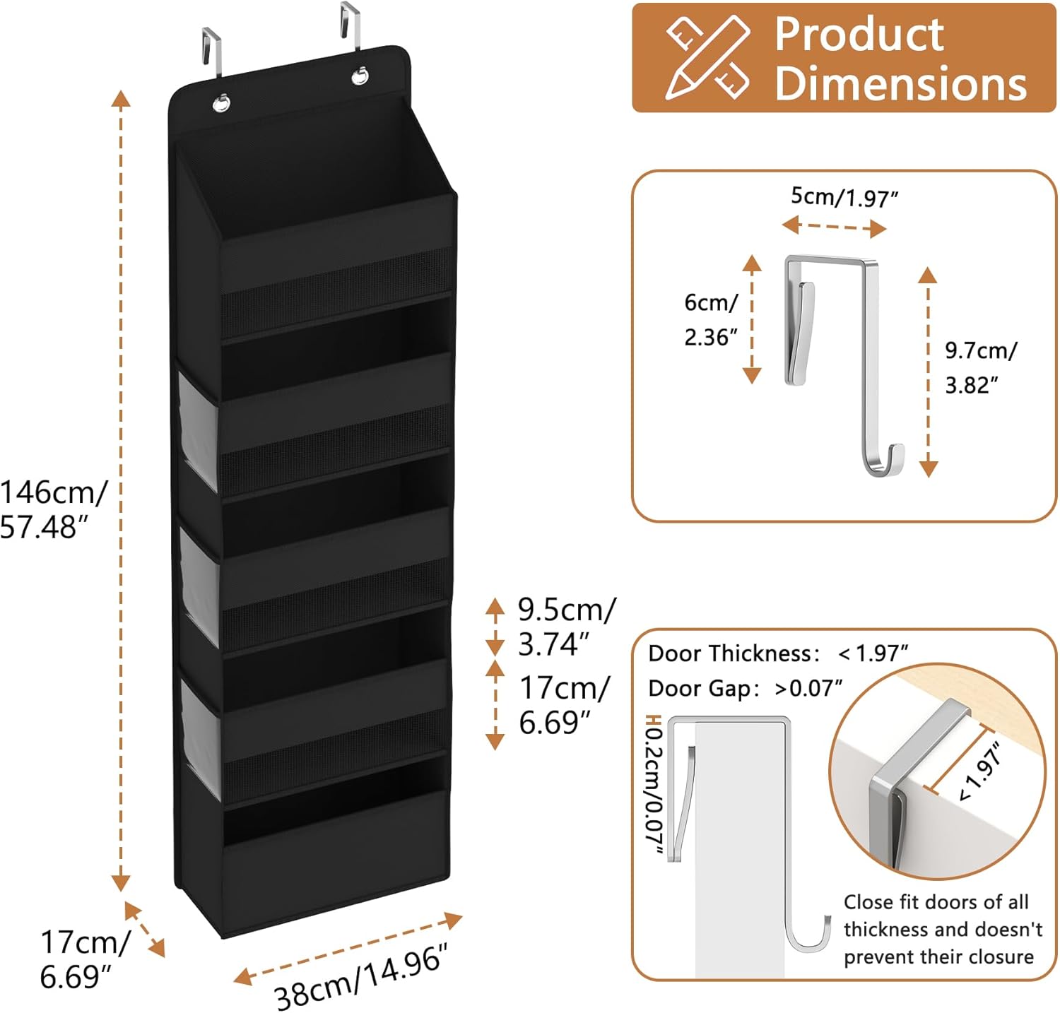 1 Pack 5-Tier Over the Door Organizer, Heavy-Duty Large Deep Pocket Hanging With 5 Large Front & 6 Side Pockets With for Pantry, Kitchen, Bathroom, Dorm, Black - Image 6