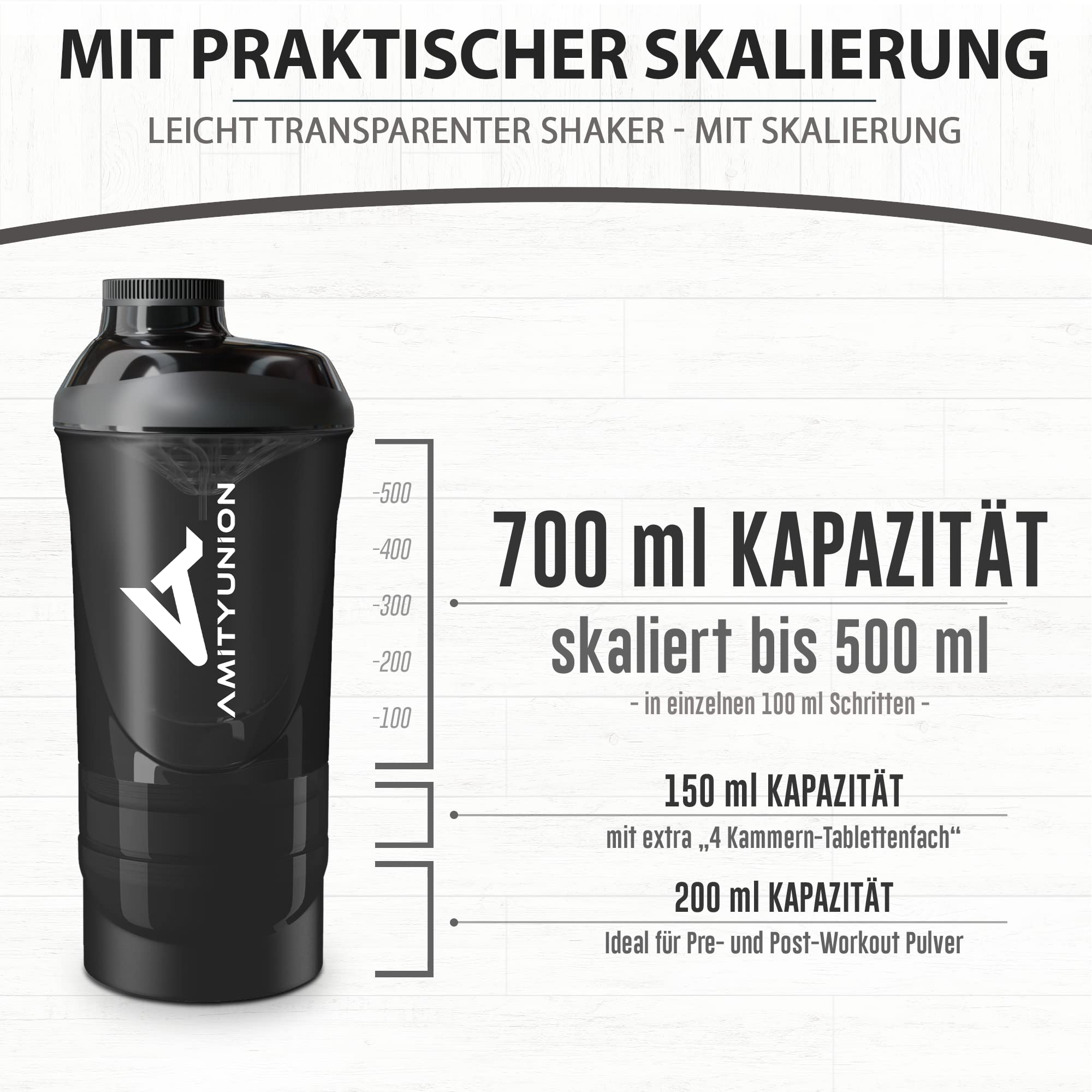 AMITYUNION Shaker per proteine ​​- L'ORIGINALE Senza BPA con setaccio, scala per frullati di siero di latte cremosi, tazze Gym Deluxe per isolati e concentrati sportivi, (Tazza fumogena nera)