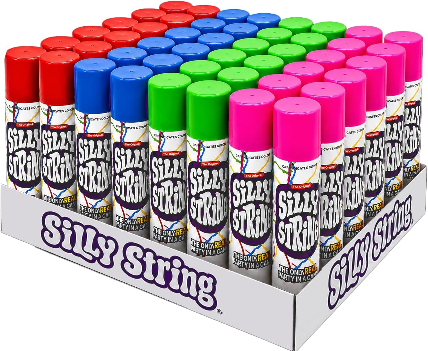 The Original Silly String! Silly String 48 pack, Assorted Colors, 3 oz Large Can – The Only Real Party in a Can! Be Silly! Shoots over 15ft!