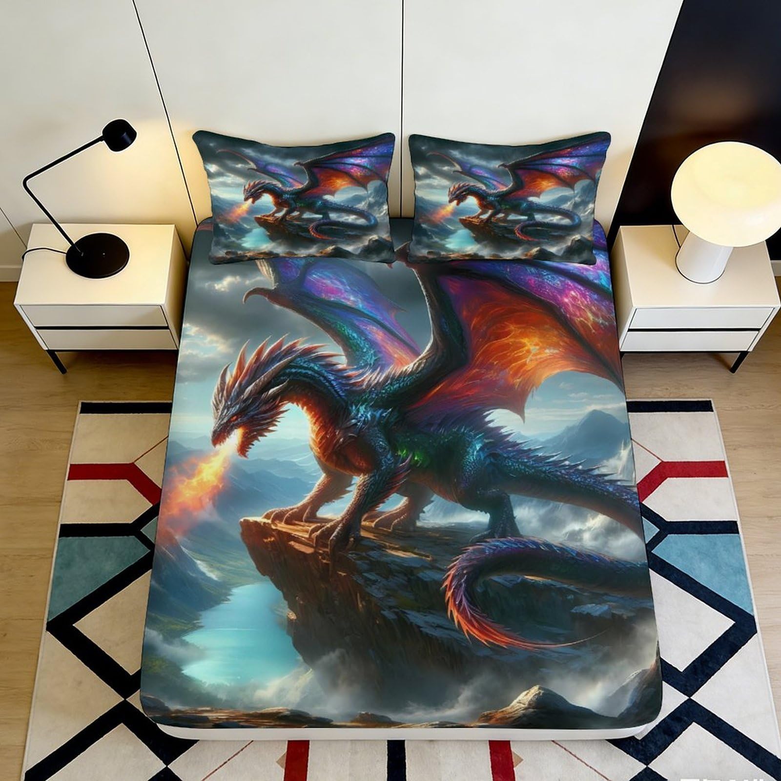 3D Printed Dragon Fire Fitted Sheet Microfiber Soft Breathable Fantasy Creature Bed Cover for Bedroom Dormitory Guest Room Mattress Protection 160x200x25cm