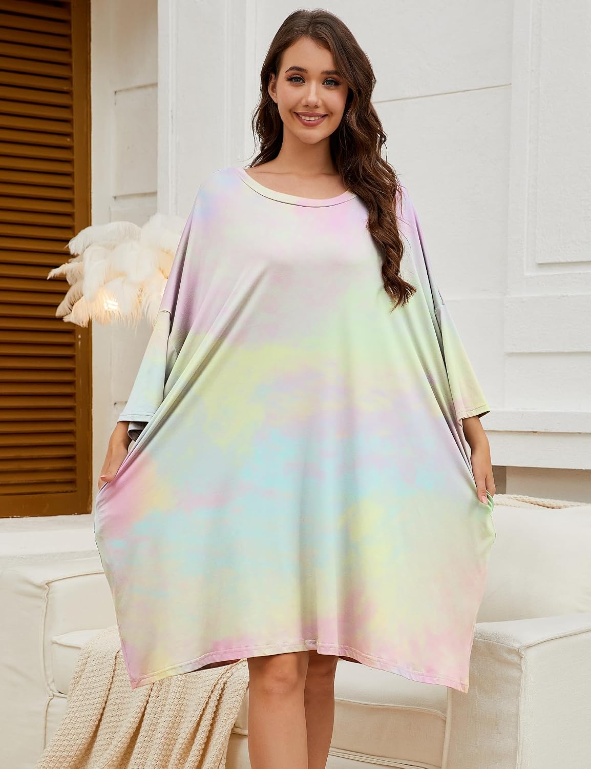 Chunoy Women Oversized Nightgown Short Sleeve Sleepwear Dress with Pockets