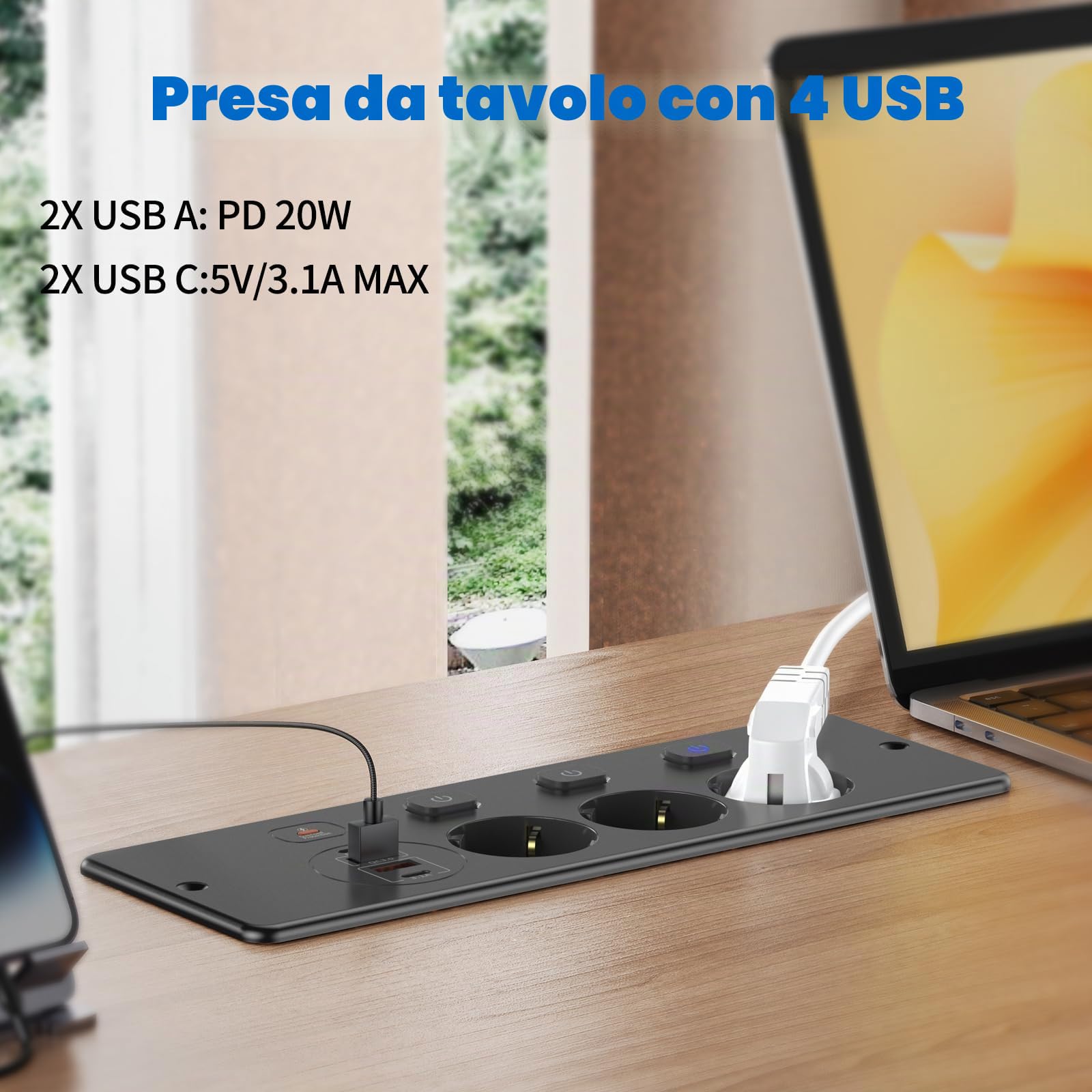 Presa da incasso USB, 3 presse da tavolo con interruttori singoli, ciabatta 2m, USB-C, presa per tavolo cucina, nero