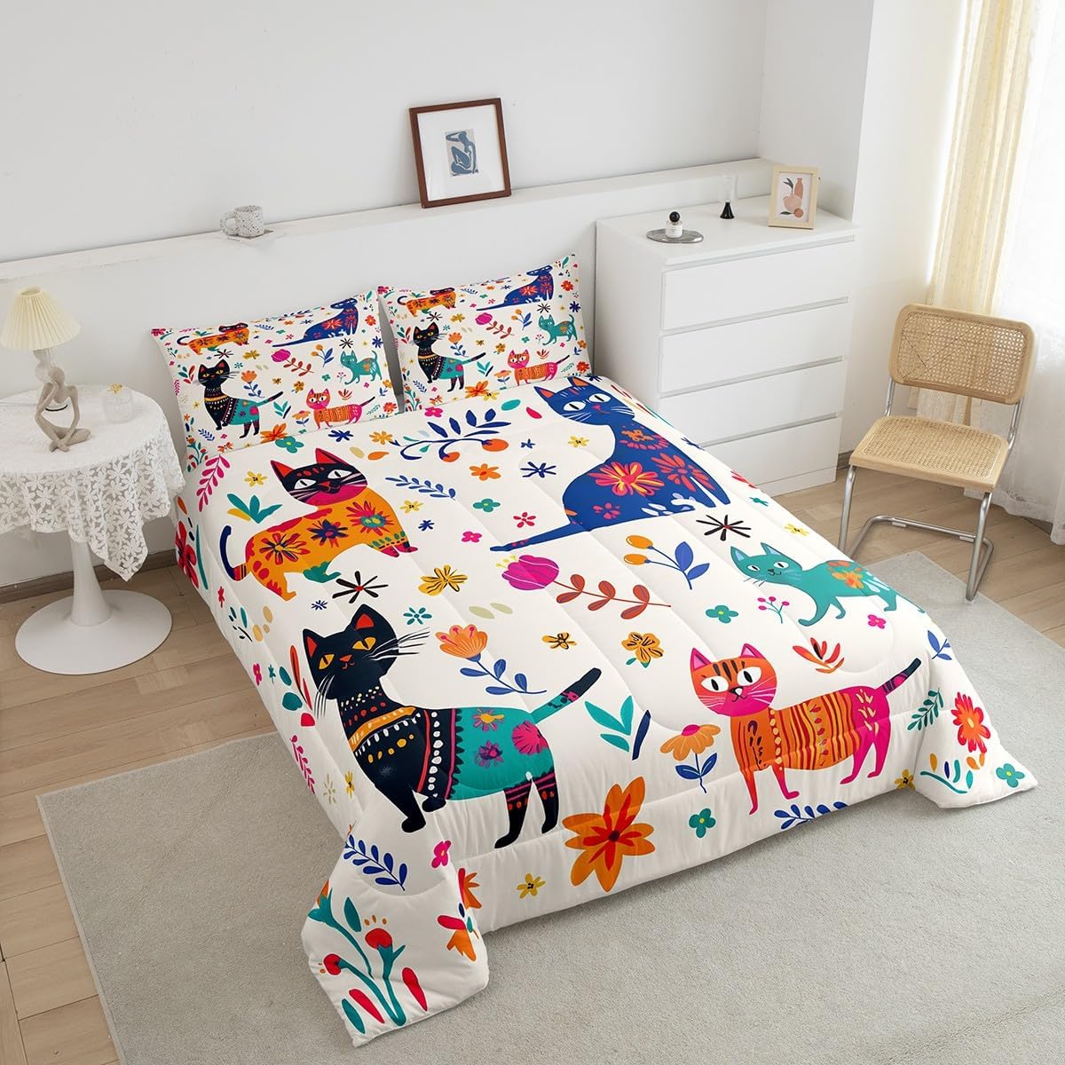 Erosebridal Floral Cat Twin Bedding Sets for Girls,Cartoon Cat Flowers Comforter Set for Kids Teens,Pet Animals Duvet Insert,Kawaii Quilt Set,Hand Drawn Style Down Comforter with 1 Pillow Case