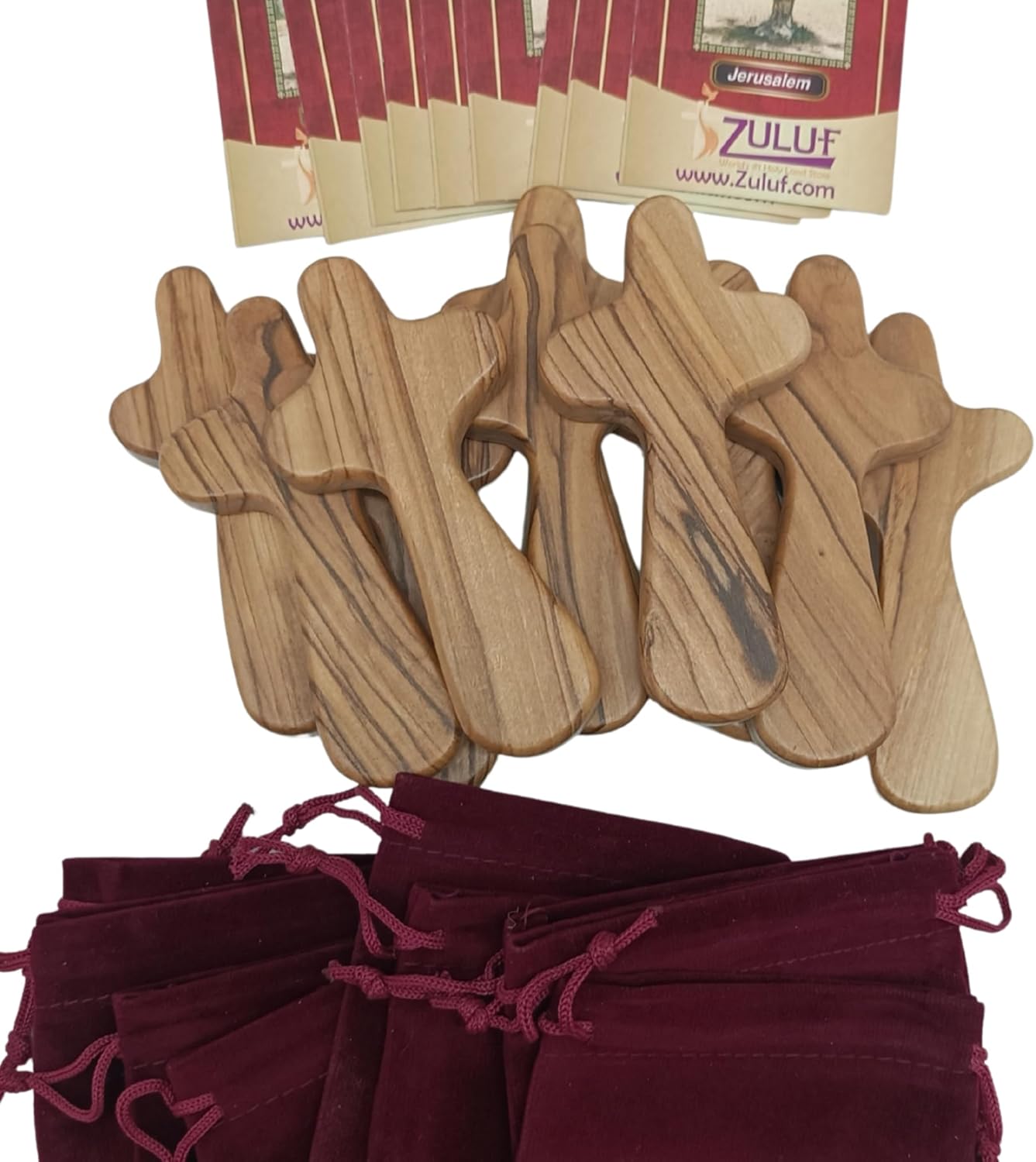 ZULUF Set of 10 Olive Wood Holding Crosses 3.7" (9.5cm) – Baptism Gifts for Woman, Reconciliation Catholic Confirmation Gifts for Men, Handcrafted Wooden Cross My Heart CRS127