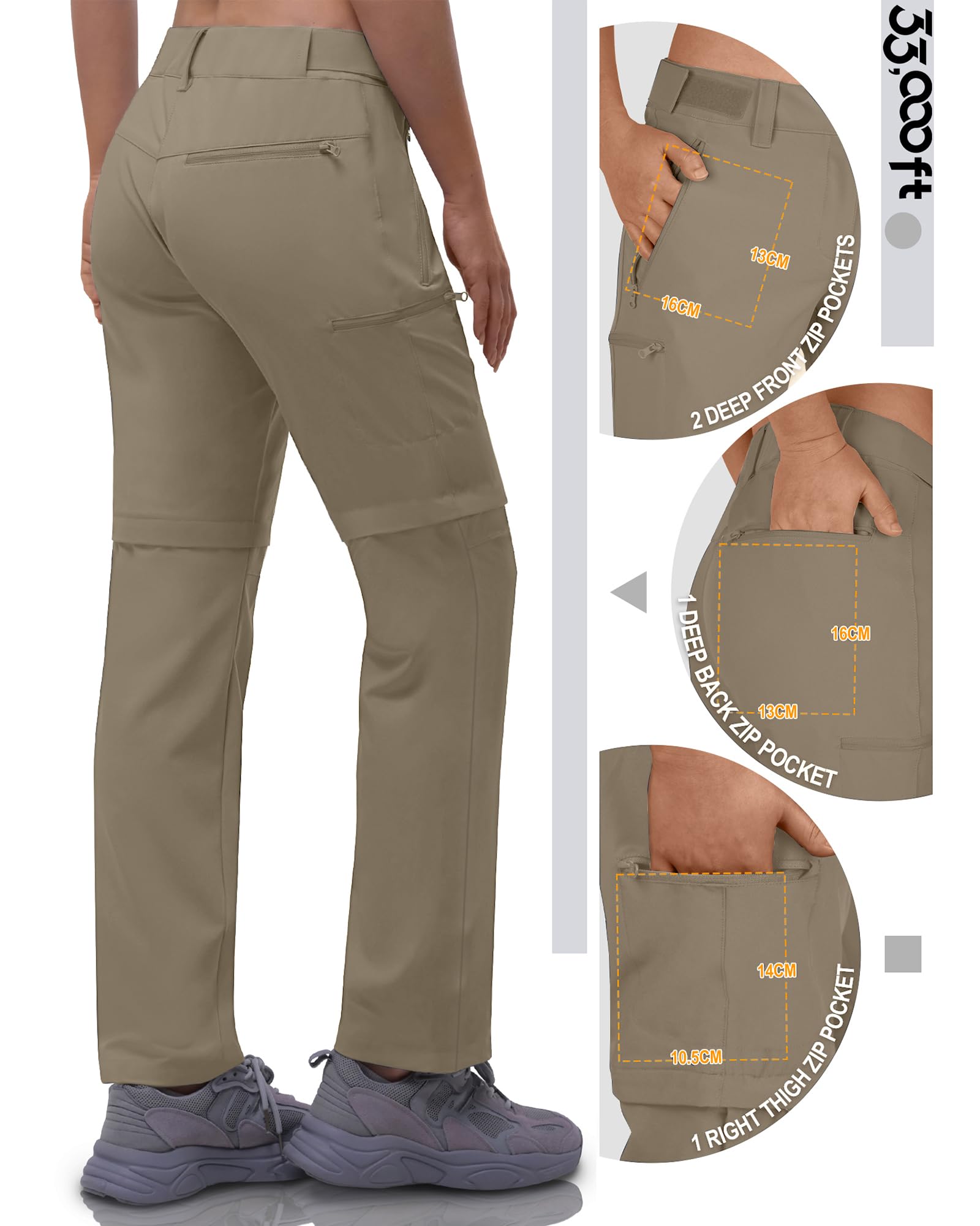 33,000ft Pantalones de senderismo con cremallera para mujer, transpirables, de secado rápido, elásticos, desmontables, con cremallera, para exteriores, de verano, para el trabajo