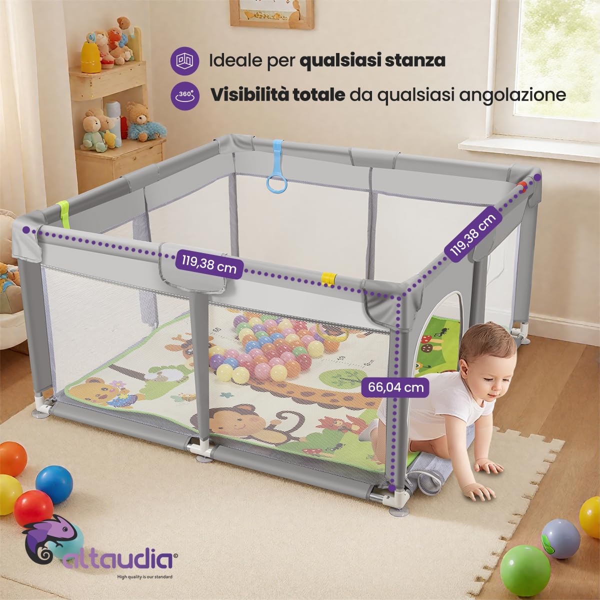 Parco giochi per 120x120 cm + Tappeto + 50 palline + Borse per il trasporto – Box per bambini con rete traspirante – Parco giochi divertente per bambini - Grigio