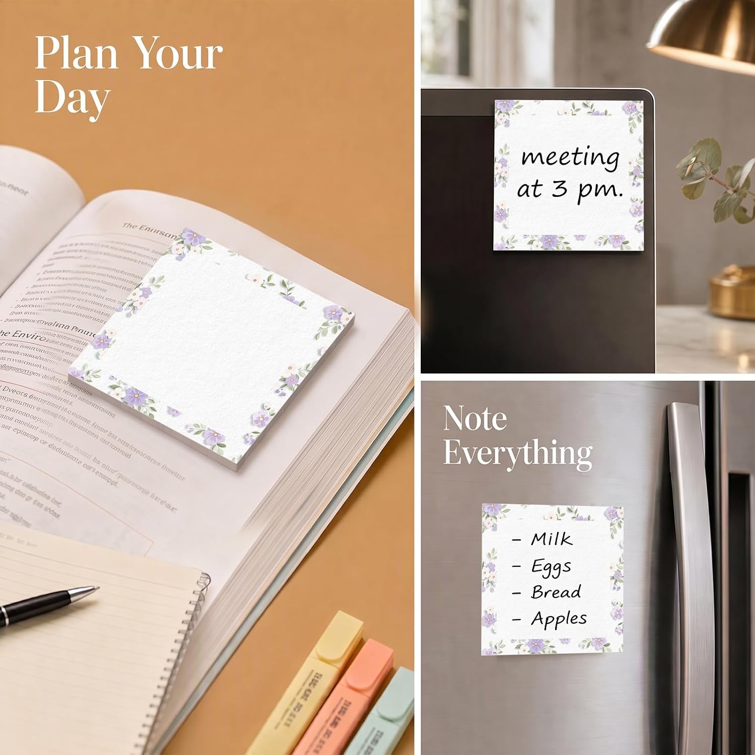 Sticky Notes Pad 3x3 Inch, 2 Pack Decorative Self-Stick Notes, 50 Sheets Notepad, Cute Easy Post Note Pads for Office, School, Planner, Study, to Do List and Daily Reminders, Purple Floral image 5