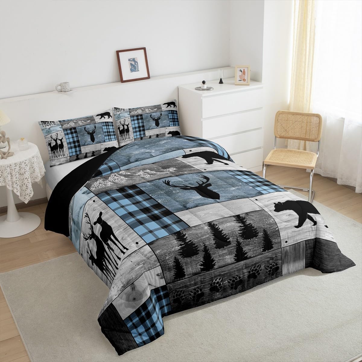 Erosebridal Deer Bear Bedding Set, Woodland Animal Comforter Set Full, Rustic Farmhouse Quilt Cabin Lodge Decor, Vintage Wildlife Plaid Patchwork Duvet Insert Deer Gifts for Kids, Blue Grey Black