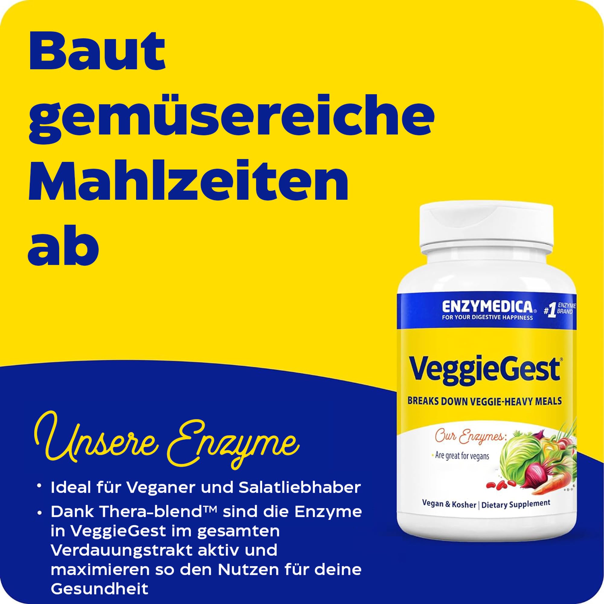Enzymedica, VeggieGest, 90 vegane Kapseln, 22.000DU Amylase & 15.000HUT Protease je Dosis, Glutenfrei, Sojafrei, GMO frei, Geschmacksneutral