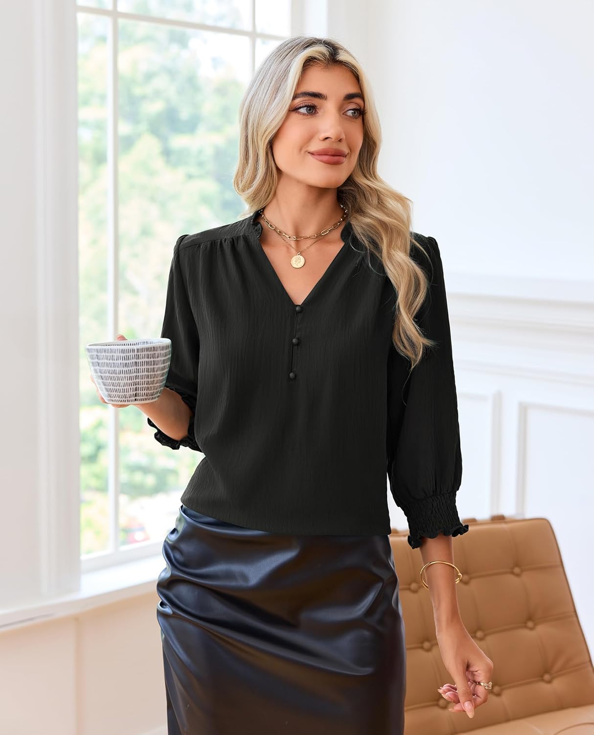 Blouses for Women Dressy Casual Long Sleeve Shirts V Neck Tunic Fall Trendy with Smocked Cuffs Business 2026 Outfits - Image 2