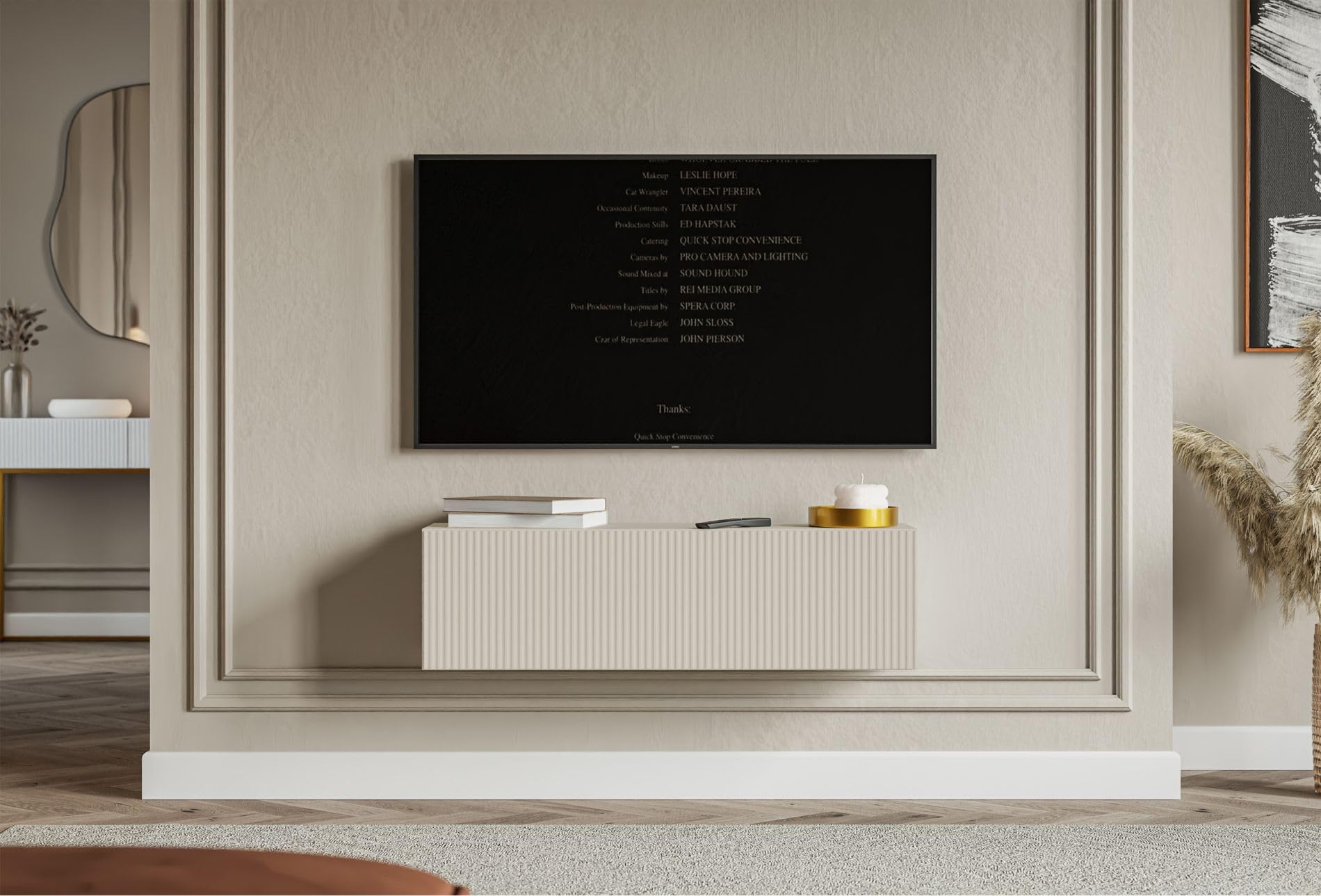 Selsey Meuble TV Suspendu 100 cm Greige Mat Design Moderne – Rangement à 2 Compartiments Façade Rainurée Idéal Déco Élégante et Contemporaine Salon/Chambre Panneau Laminé/MDF Solide