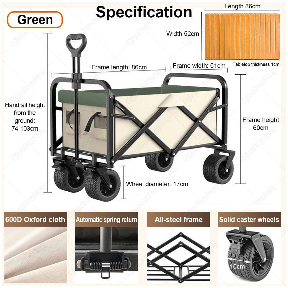 Carrello pieghevole con ruote per tutti i terreni, manico telescopico e doppio freno per spiaggia, campeggio, giardinaggio, eventi sportivi, carrello pieghevole