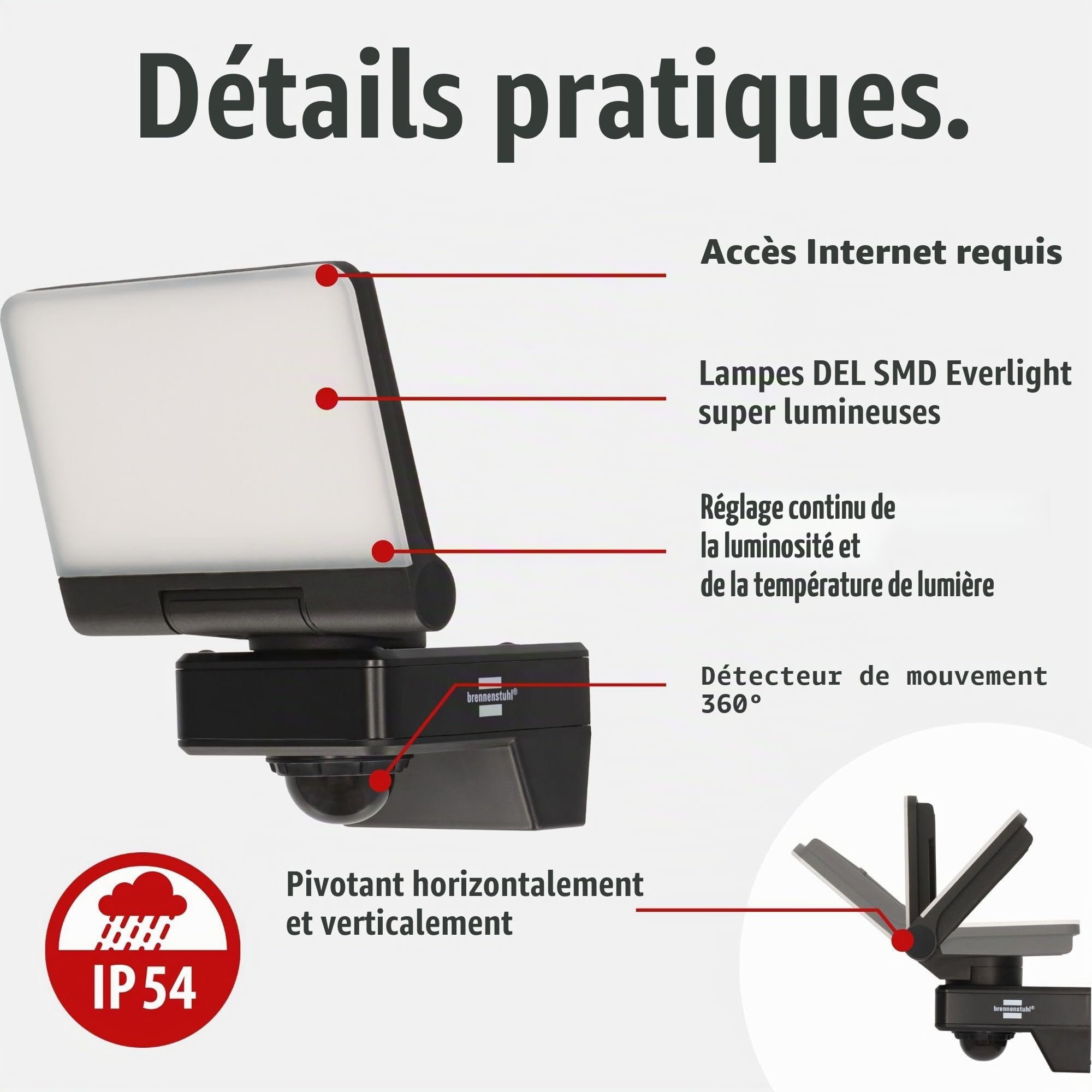Brennenstuhl Connect WiFi Projecteur LED WF 2051 P (24 W, 2800 lm, IP54, plusieurs fonctions d'éclairage réglables via l'application, spot d'extérieur pour montage mural avec détecteur de mouvement)