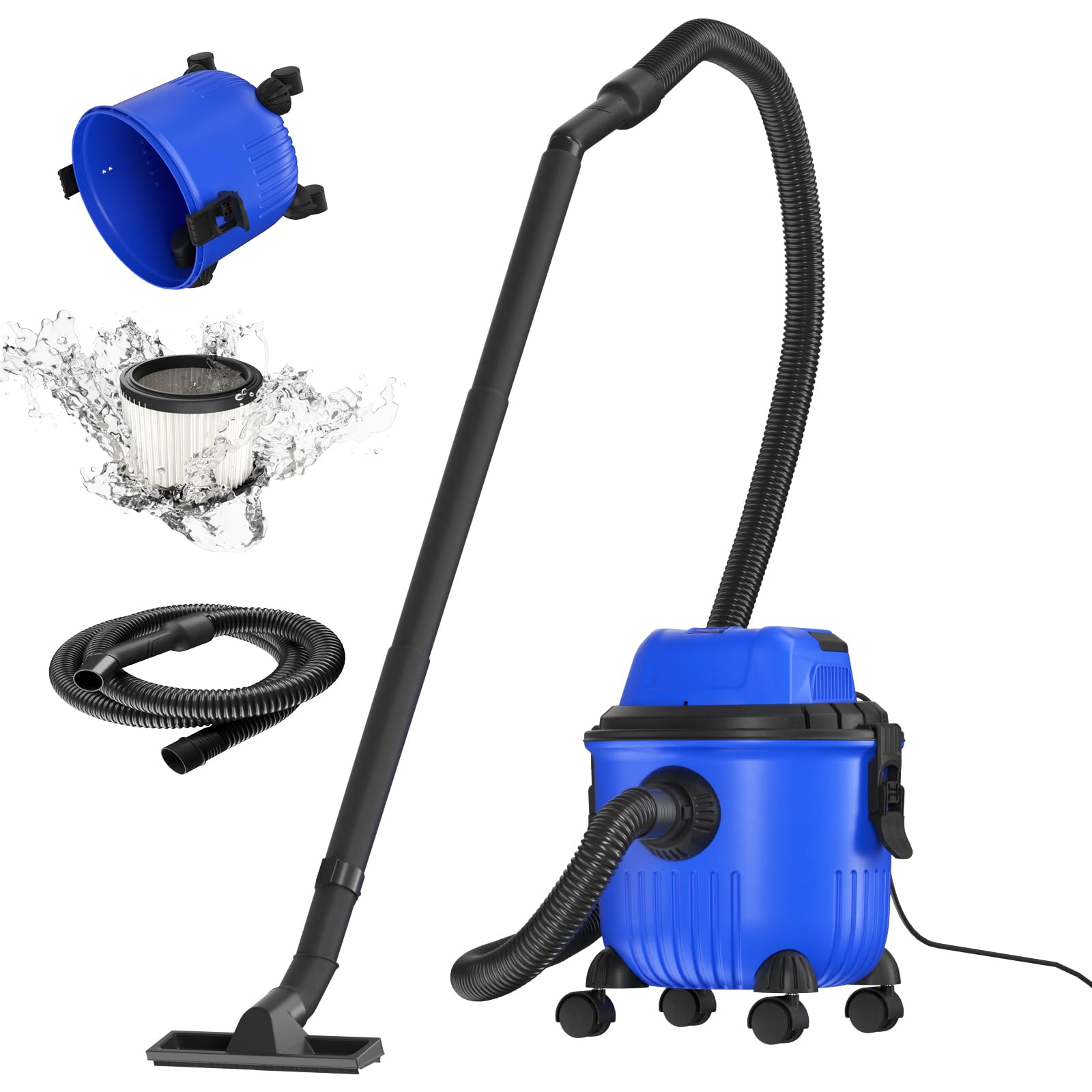 Wet & Dry Vacuum 3-in-1 (with Blowing Function), 2000W, 15 Litre Capacity, 1.5M Hose, 4 Castors, 2M Cable, Plastic Suction Hose, Floor/Crevice Nozzle, Washable Filters, 4 Castors, Floor Brush, Blue