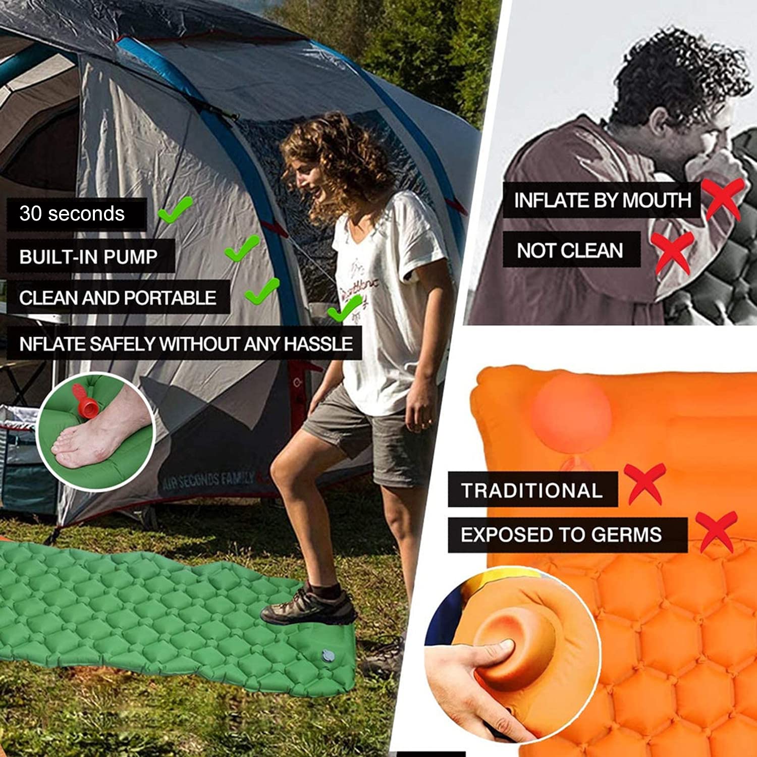 Tapis de Camping Coussin Couchage Matelas Gonflable Portable Imperméable Camping Sleeping Pad avec Sac Rangement Pompe à Pied Voyage Randonnée