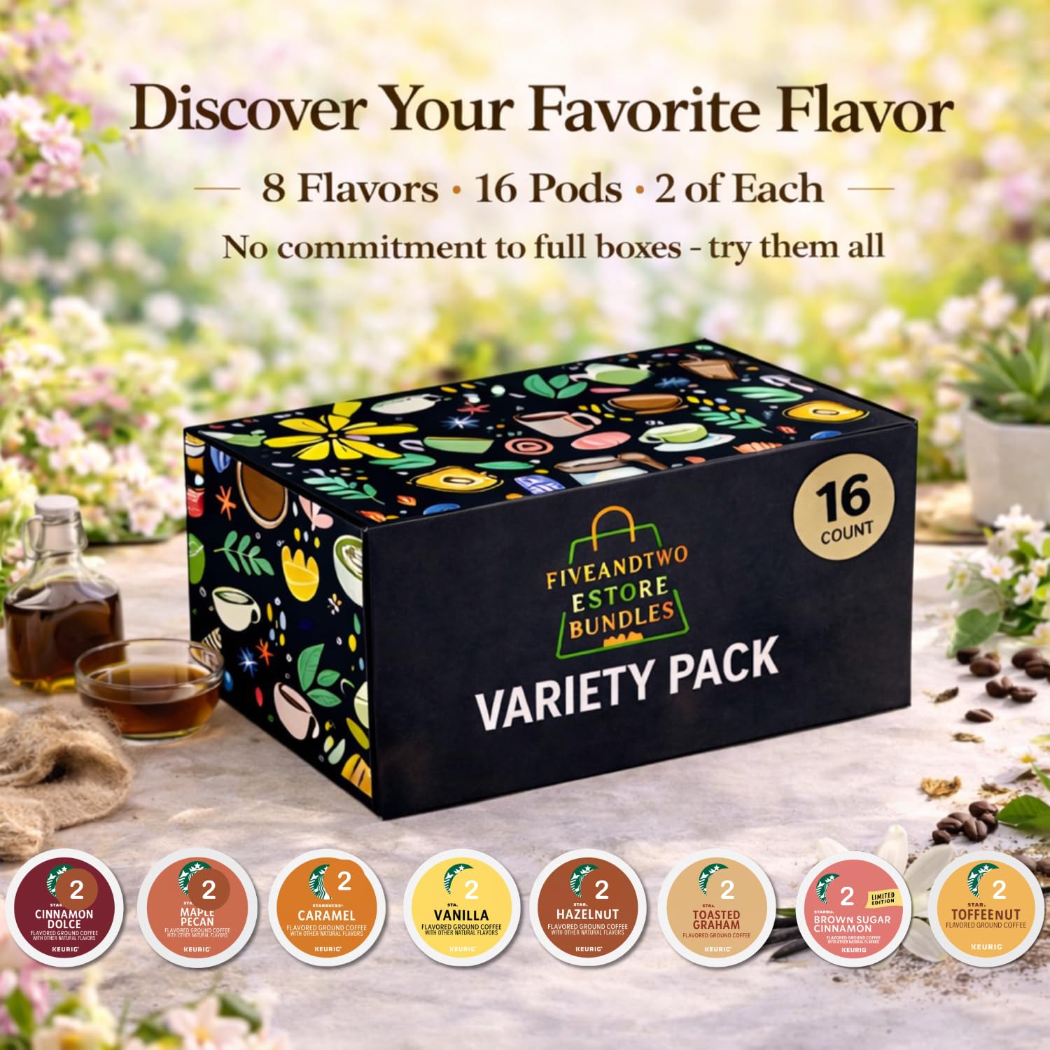 Fiveandtwoestore Bundles Flavored Coffee Pod Variety Pack, 16ct –Includes 8 Flavored K-Cup Pods - Cinnamon Dolce, Toasted Graham, Maple Pecan, Brown Sugar Cinnamon,Toffeenut, Vanilla, Hazelnut, Caramel in Giftable Box