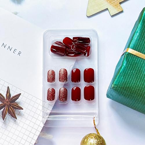 Miniatura 4 de 24 uñas postizas cuadradas cortas a presión, color rojo vino, uñas postizas con diseños, uñas acrílicas con purpurina, uñas con pegamento brillante