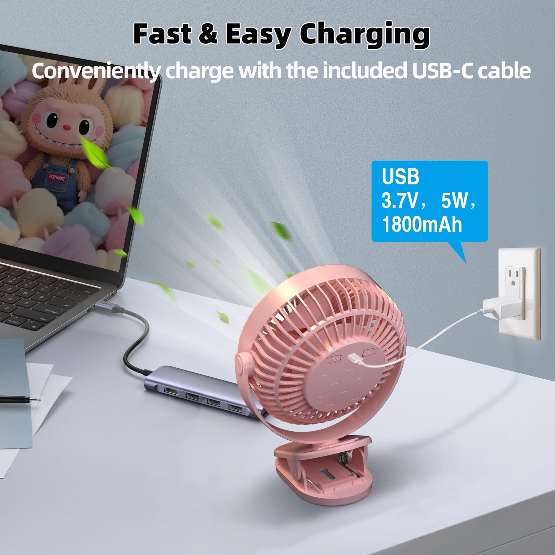 Ventilador de clip recargable, ventilador de escritorio a batería de 8 pulgadas, ventilador USB, 5 velocidades, fuerte flujo de aire, abrazadera resistente para carrito de golf, oficina 4