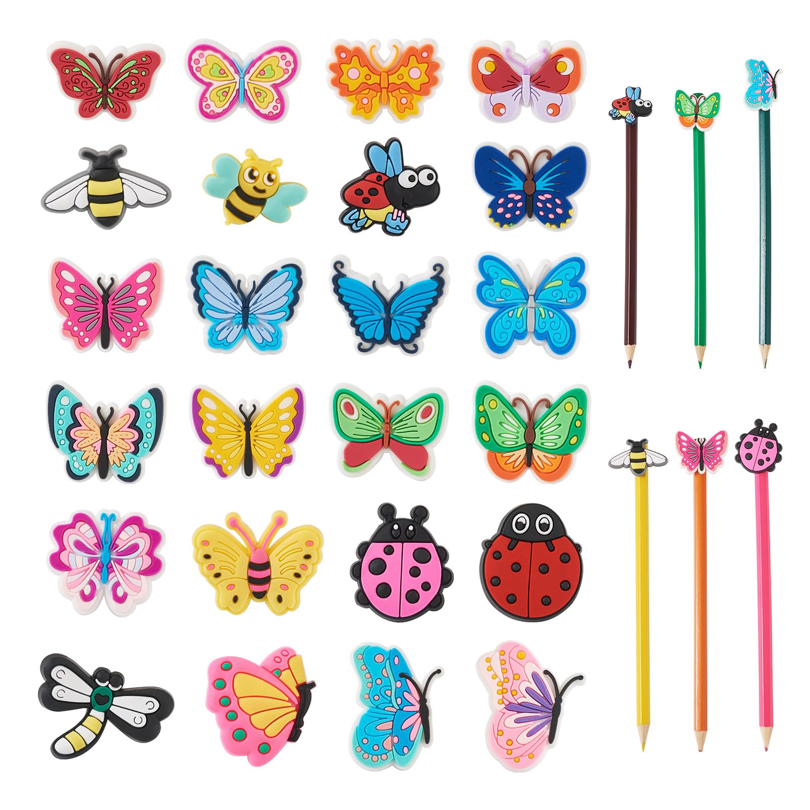 Pandahall 24Pcs Insect Cute Pencil Topper Decoration Butterfly Bees Pen Toppers Charm Fun Ladybug Pencil Clips Kawaii Pen Charms Clip on Pencil for Back to School Student Supplies