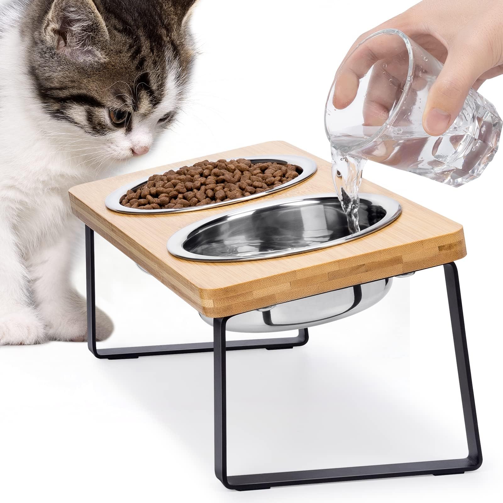 Cat Food Bowl for Indoor Cats - Elevated Stainless Steel Water Bowl, Tilted Raised Kitten Dish Set for Whisker Friendly and Anti Vomit, Feeding Station for Puppy and Pet