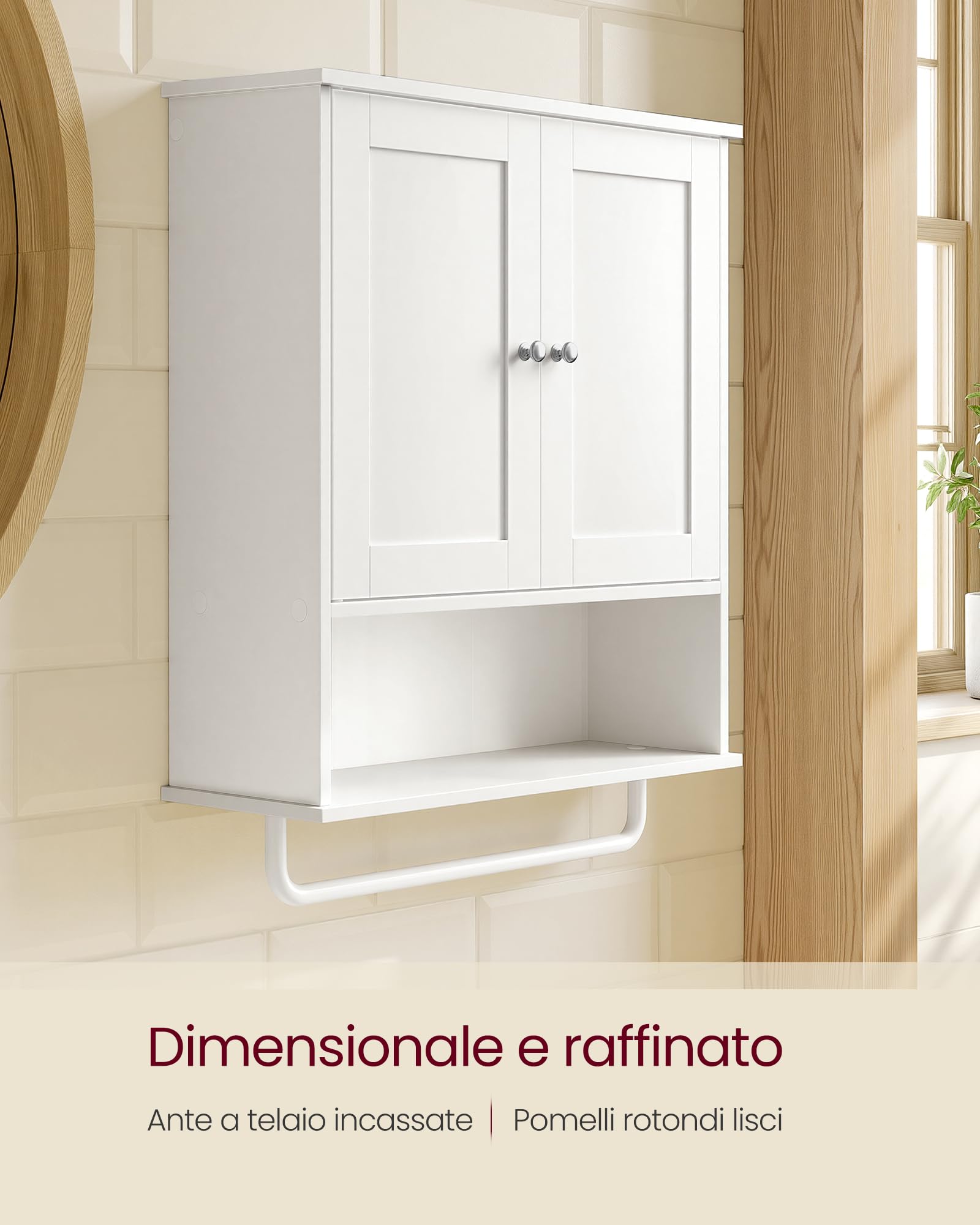 VASAGLE SIREN Collezione - Mobile da Bagno Sospeso con Barra Porta Asciugamani, Armadietto da Parete con Ripiano Aperto, Ripiano Regolabile e Ante, Stile Rustico, Bianco Nuvola BBK149WB01