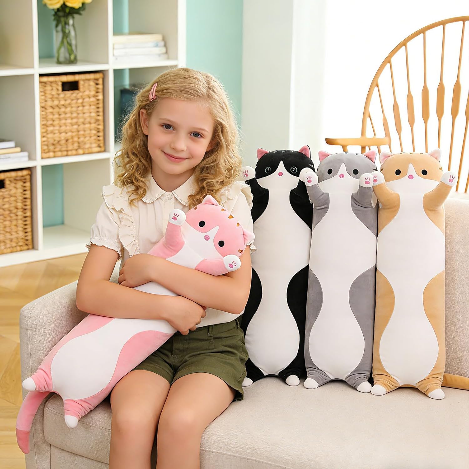 Cute Cat Plush Long Body Pillow – Soft Cartoon Stuffed Animal Doll, Kawaii Cat Plushie Cuddle Toy for Kids, Girls & Girlfriend (Pink, 59 Inch)