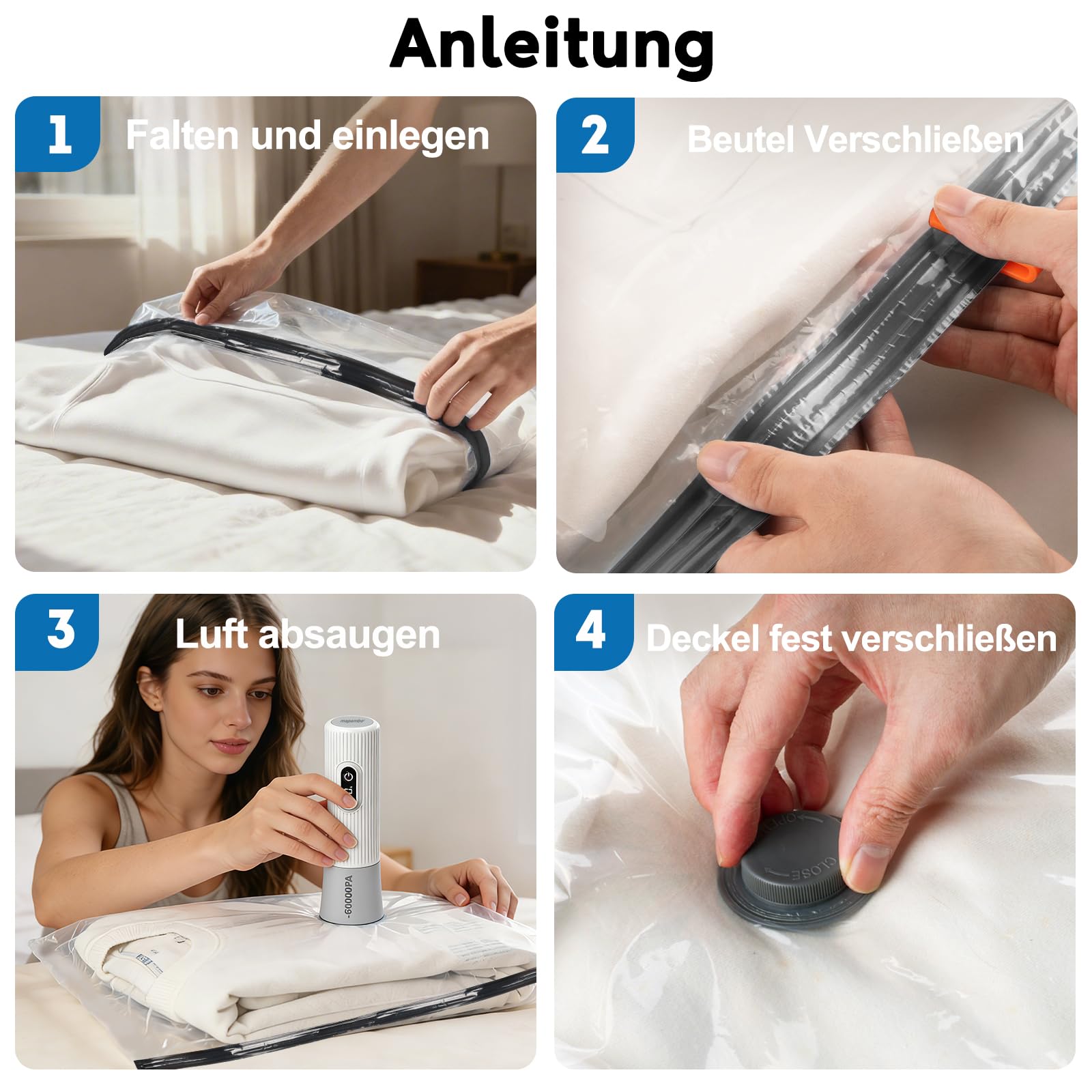 Reise Vakuumbeutel für Kleidung mit Kabellose Elektrischer -60000Pa Pumpe, 15 Stück Vacuum Storage Bags in 3 Größen(40 * 50/40 * 60/50 * 60CM), Sparen 80% Platz für Reisegepäck und Lagerung