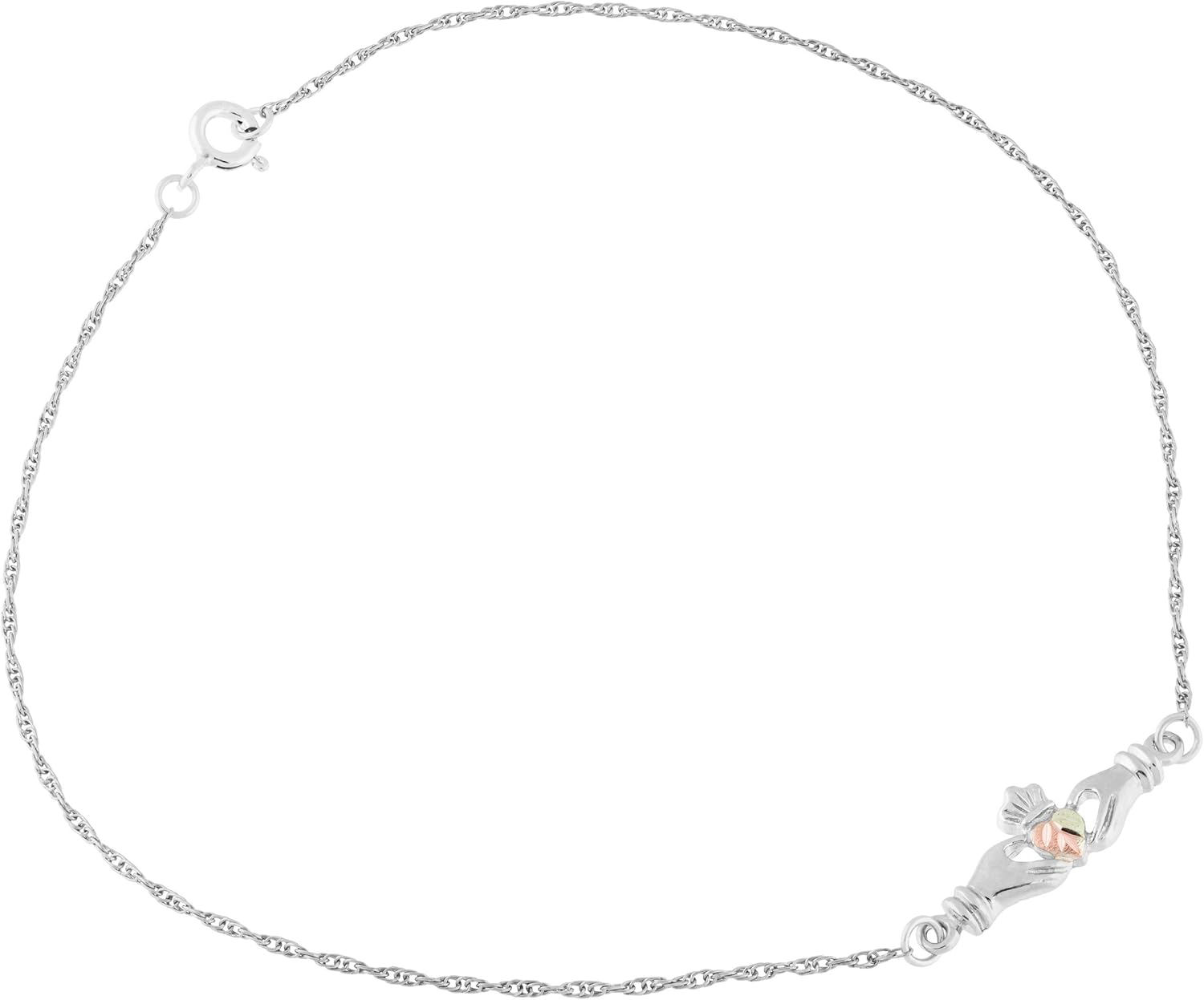 Black Hills Gold Sterling Silver Claddagh Ankle Bracelet, 12k Green and Rose Gold Accents, Adjustable Tri-Color Anklet for Women, Multiple Length Options