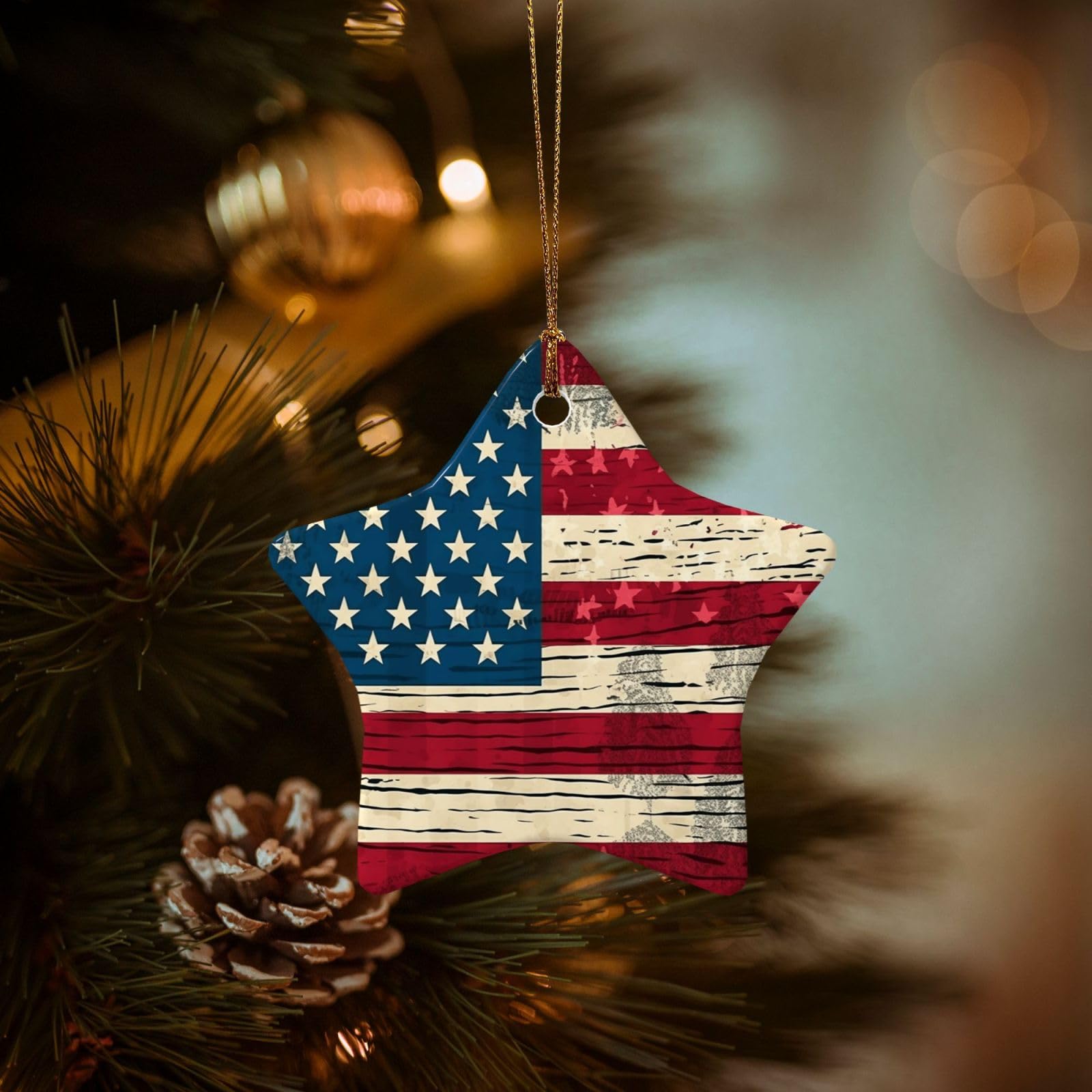 Christmas Tree Ornaments Ceramics Christmas Decorations American Flag Pattern Ornaments with Gold Ribbon Porcelain Xmas Tree Crafts Star Shape Hanging Pendant for Christmas Tree Party Decor