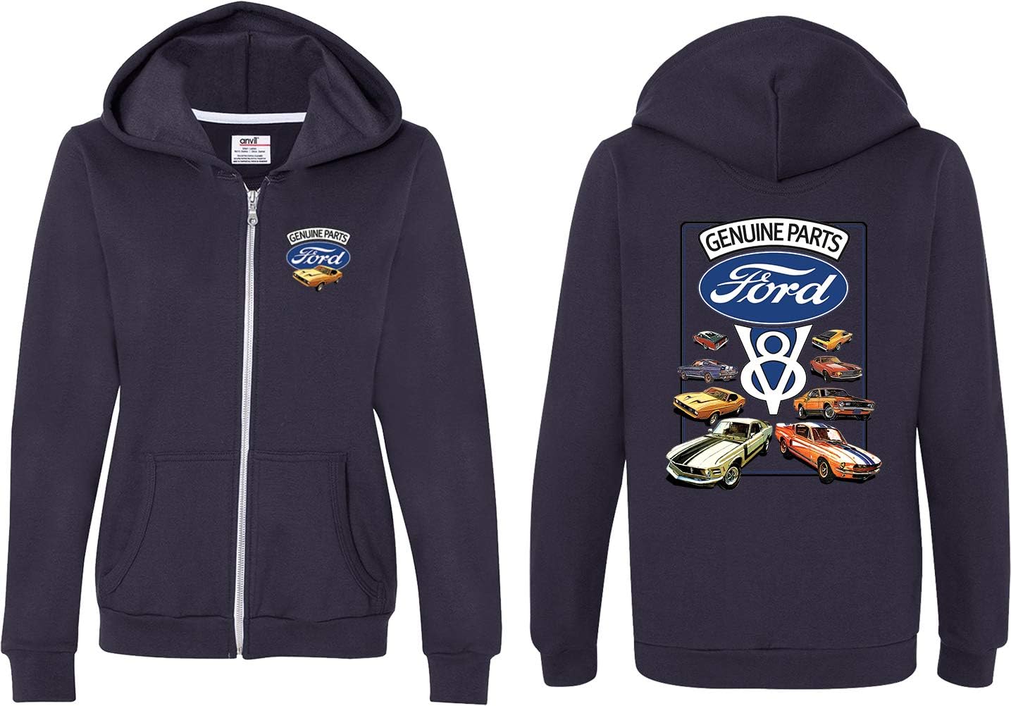 Ladies Ford Mustang Full Zip Hoodie V8 Collection Front and Back