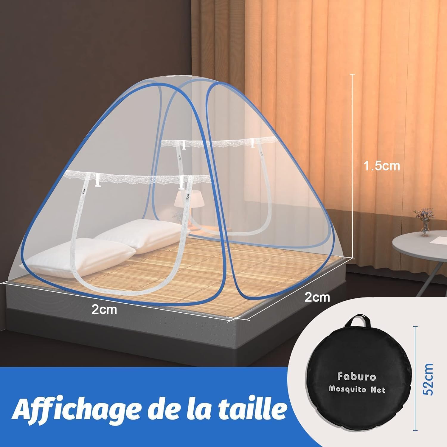 Faburo Moustiquaire de Lit Pliable en Forme de Dôme, 2 m x 2 m x 1,5 m, Fermeture à Glissière Double Porte, Rideau Tente Portable pour Camping