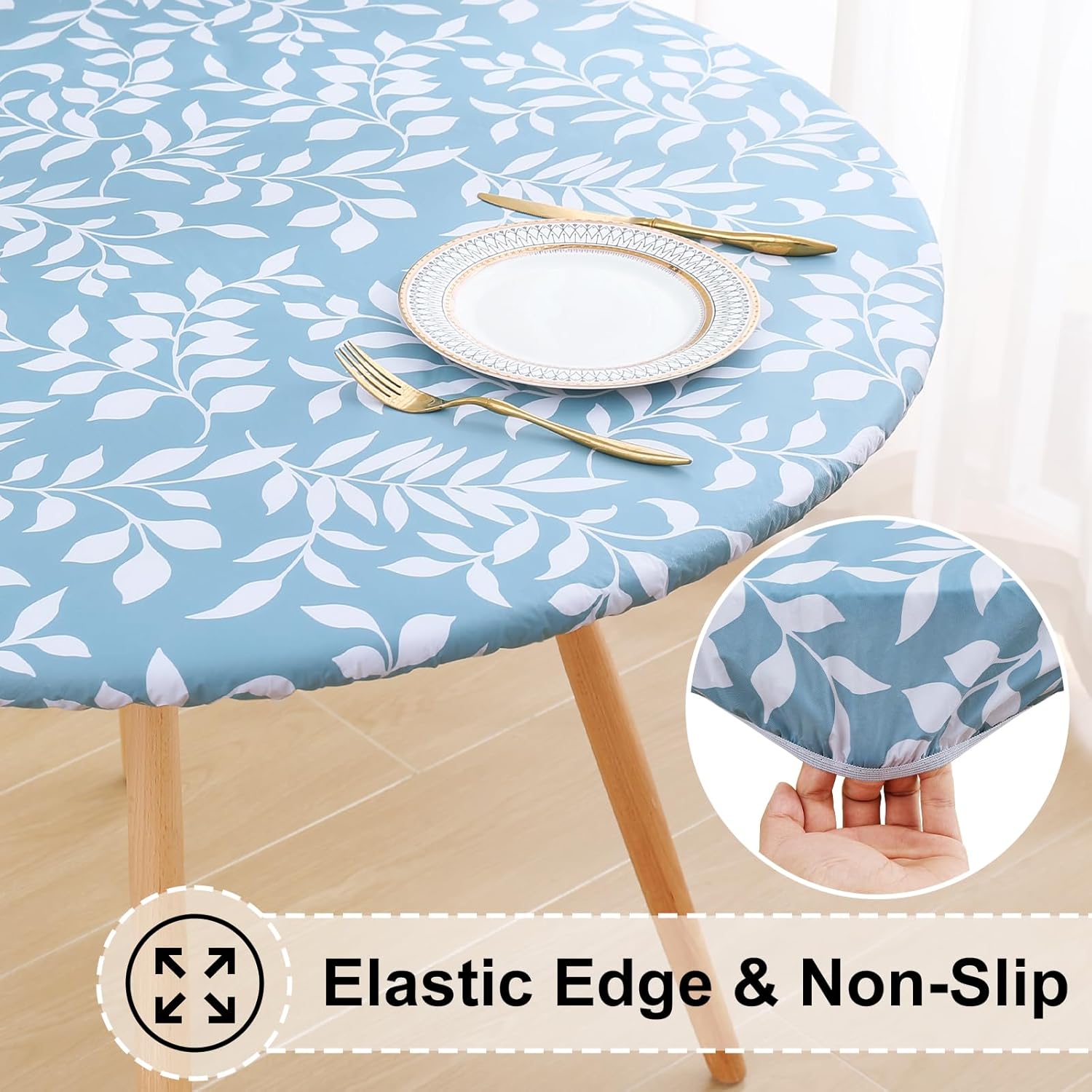 misaya Round Fitted Tablecloth with Elastic Edge, 100% Waterproof Oil Proof Plastic Table Cover, Vinyl Flannel Backed Tablecloth Fits 57"-66" Round Tables for Dinner, Outdoor, Picnic, Blue Leaves